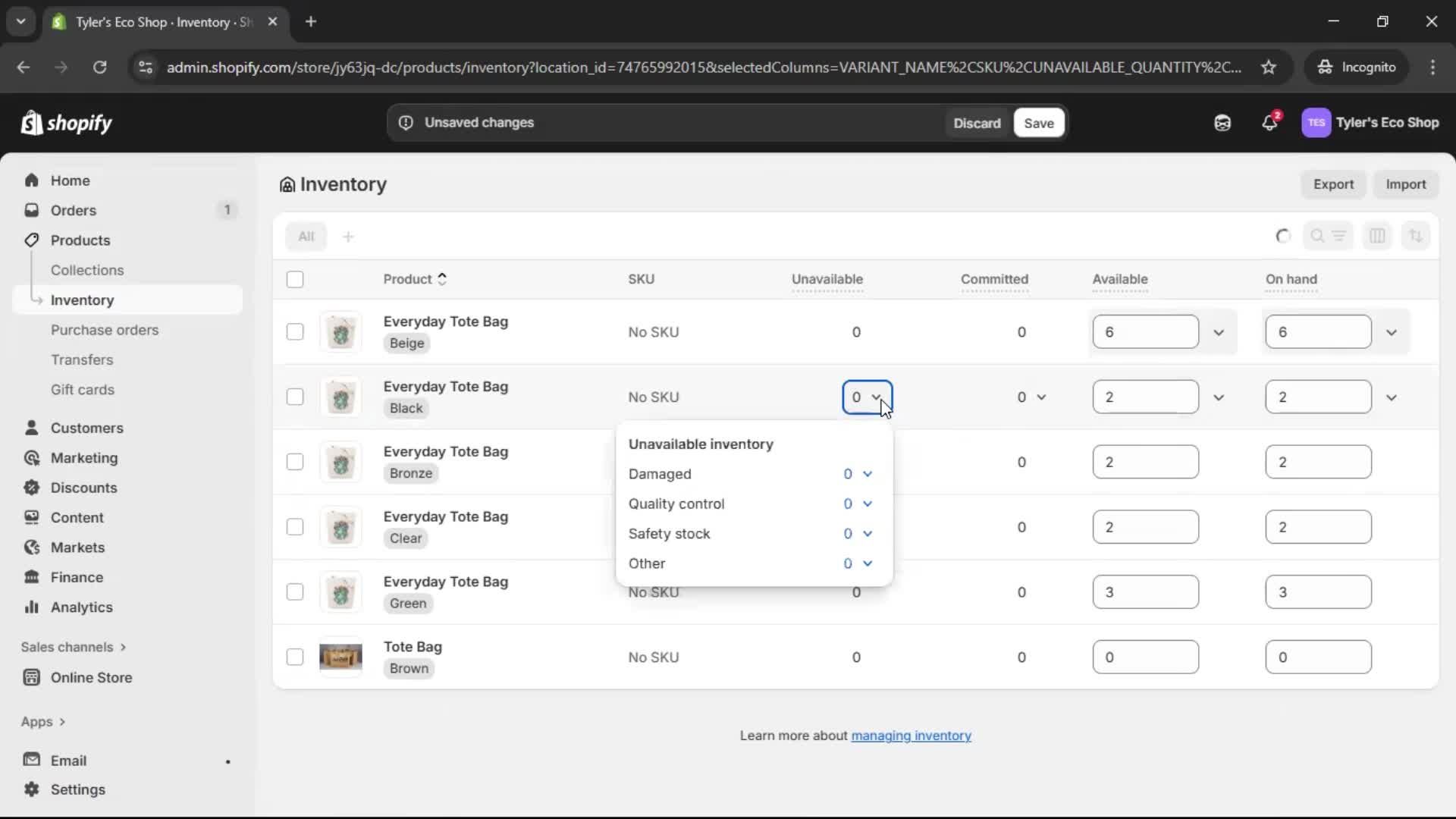 Managing inventory screenshot