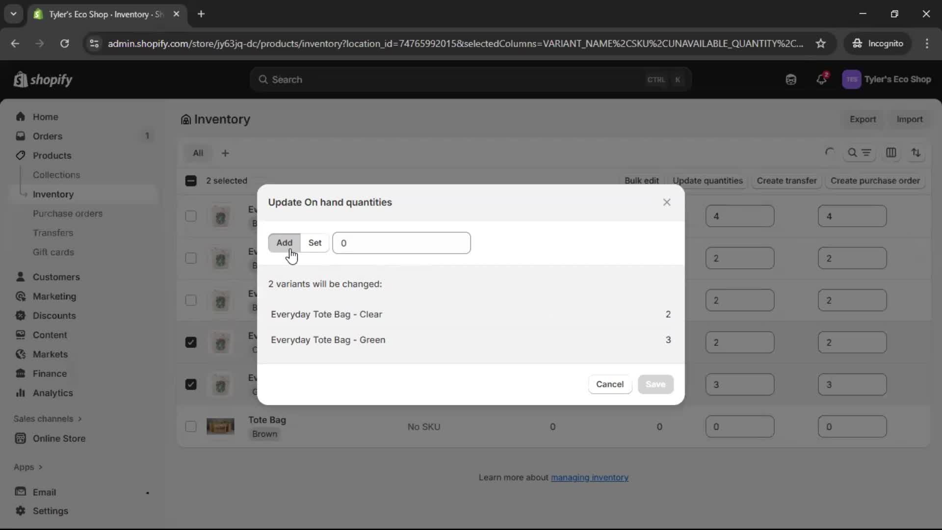 Managing inventory screenshot