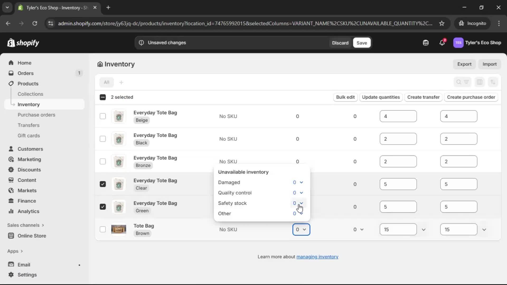 Managing inventory screenshot