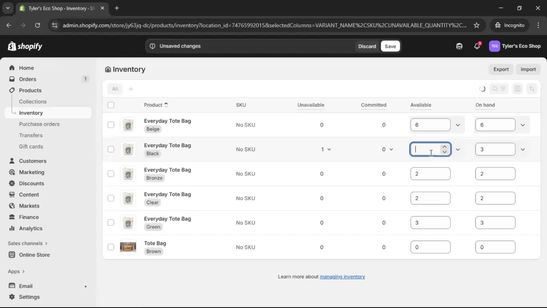 Managing inventory screenshot