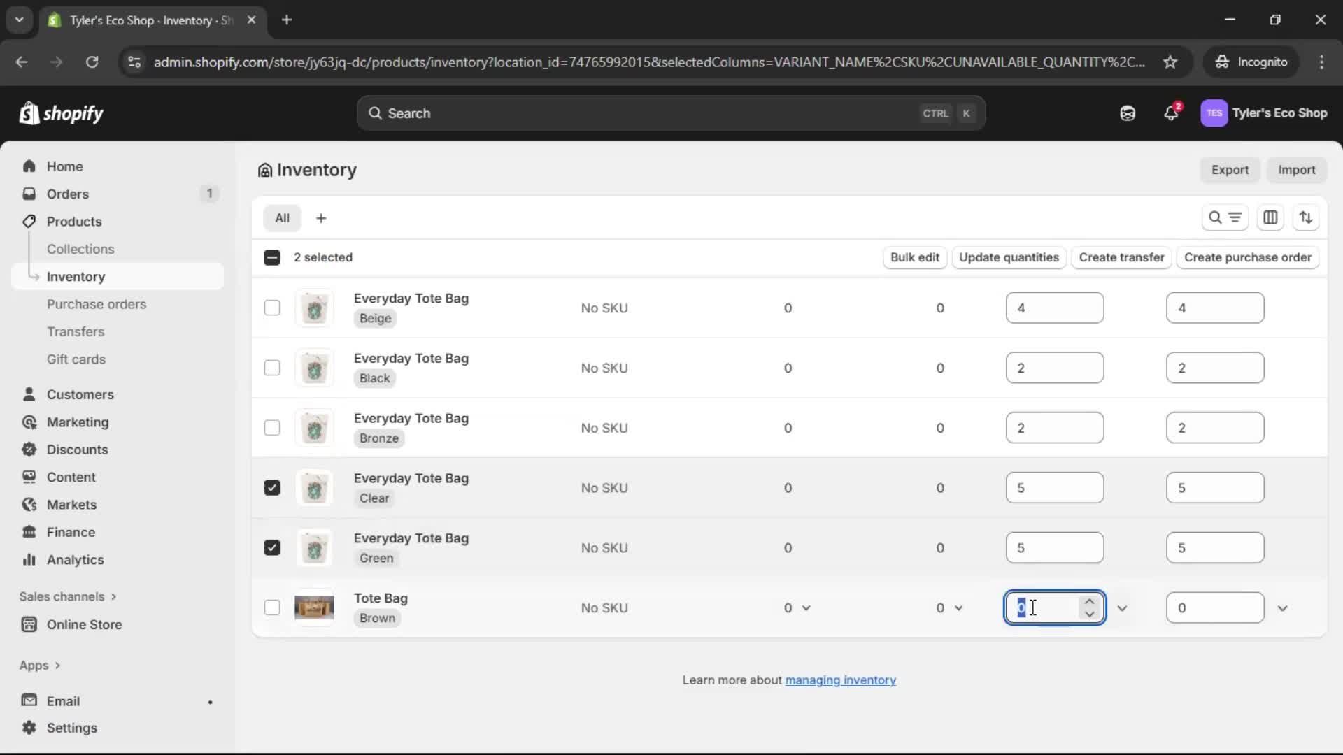 Managing inventory screenshot