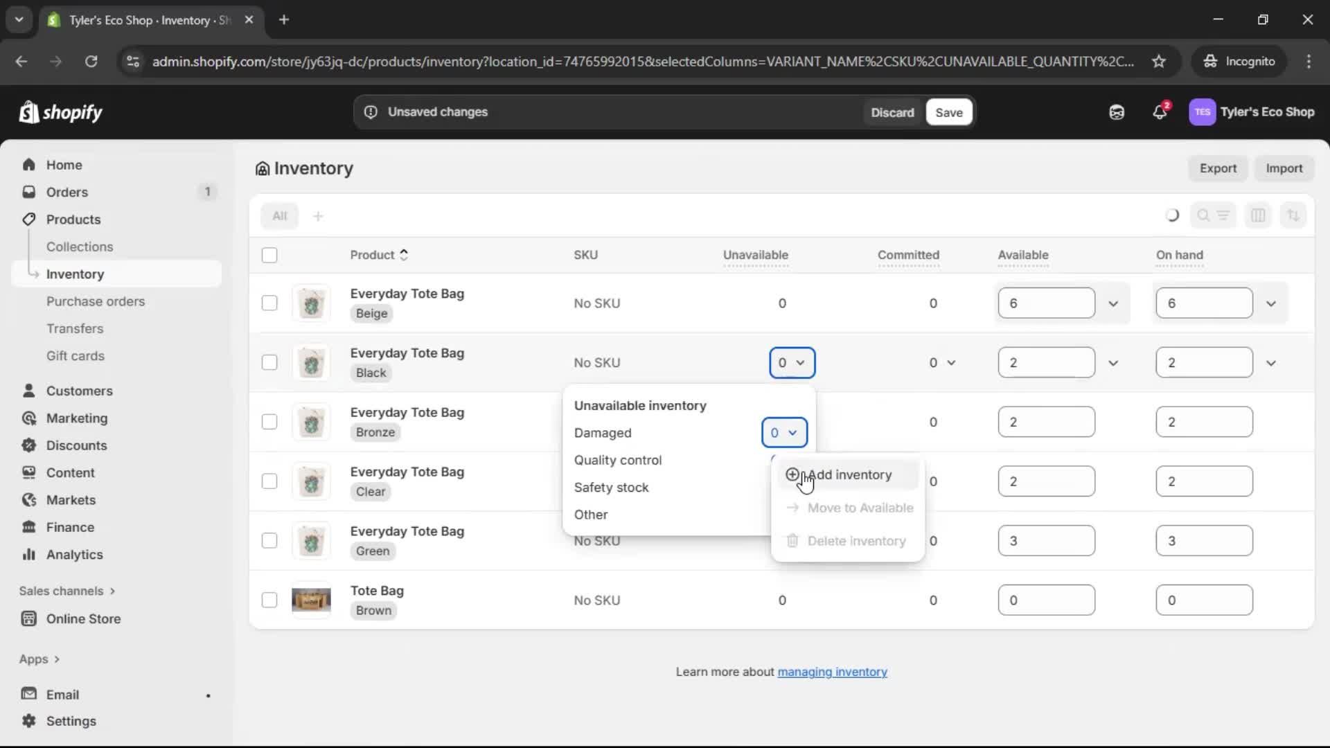Managing inventory screenshot