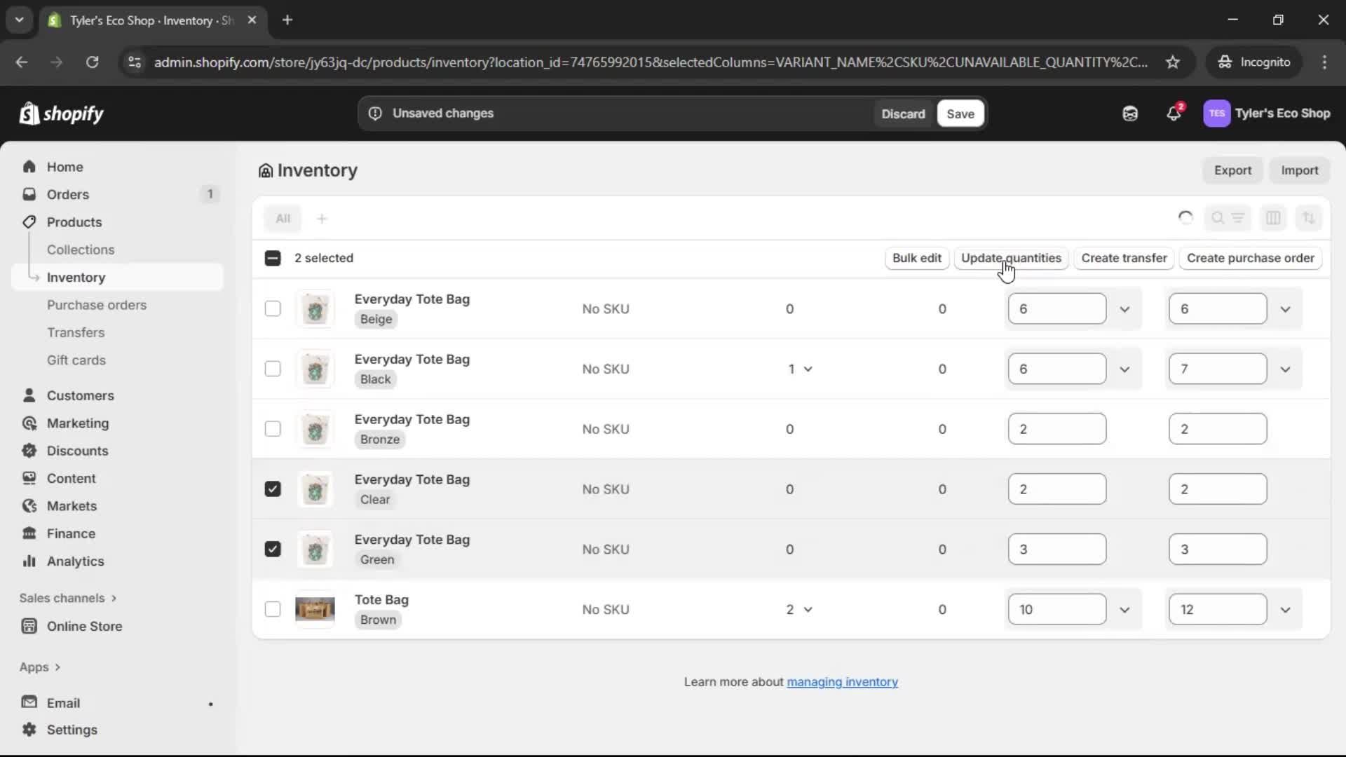 Managing inventory screenshot