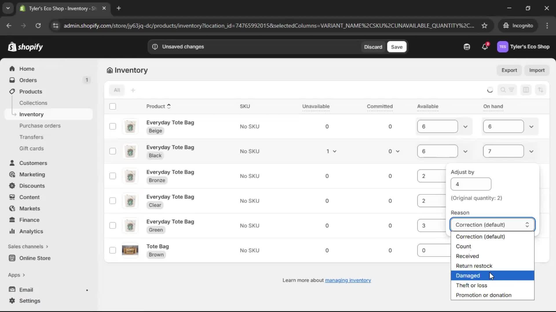 Managing inventory screenshot
