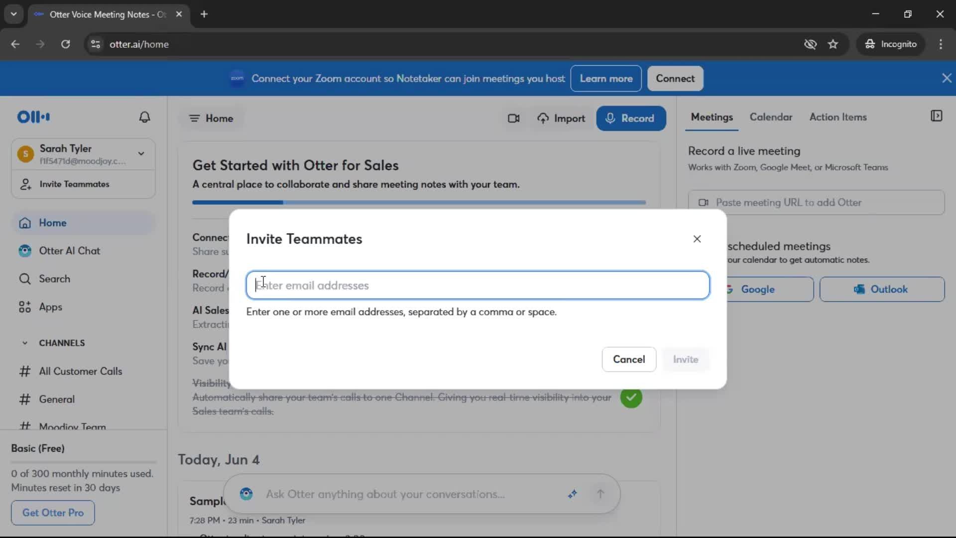 Inviting a teammate screenshot