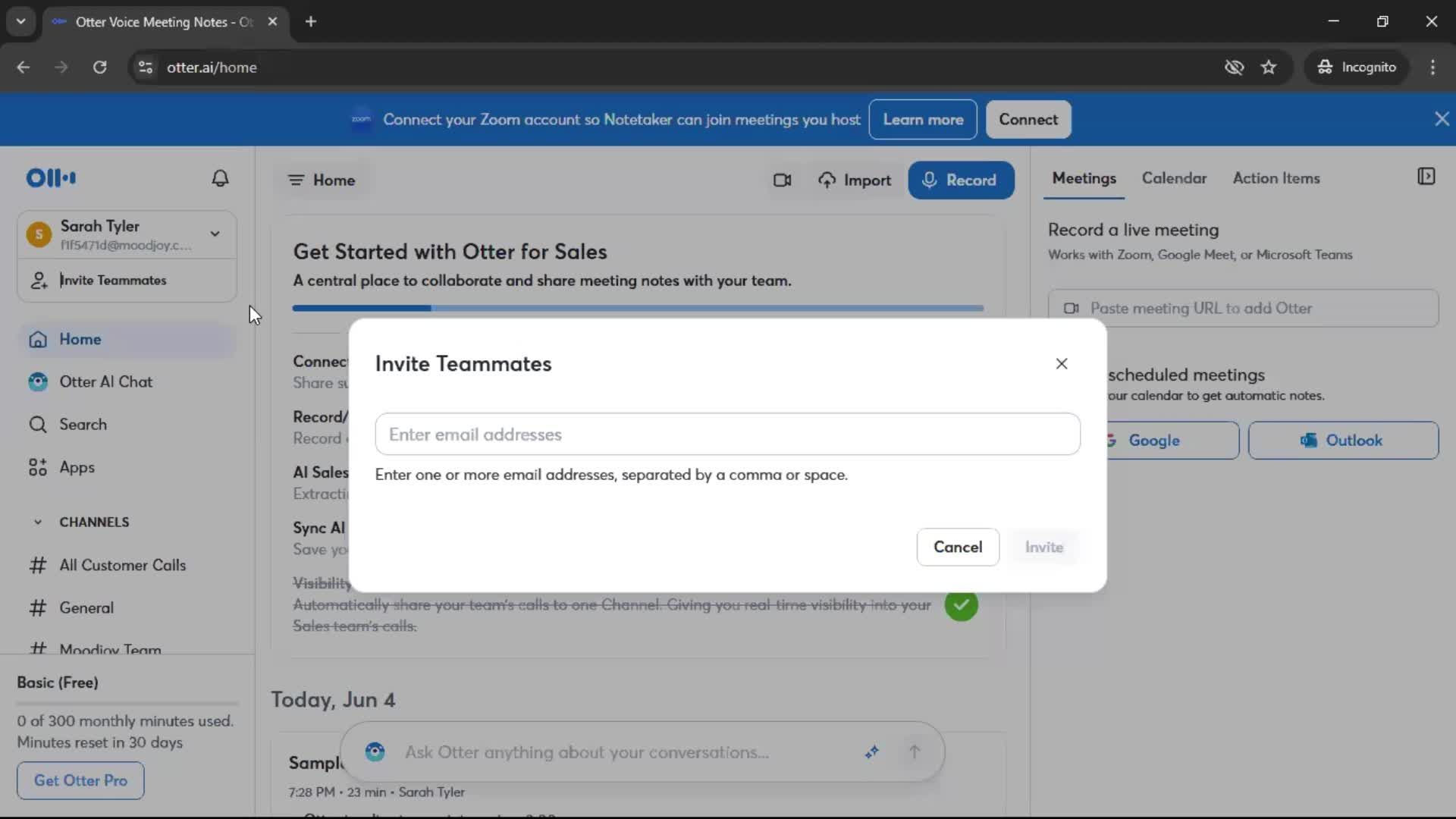 Inviting a teammate screenshot
