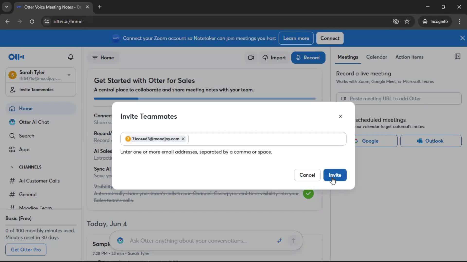 Inviting a teammate screenshot
