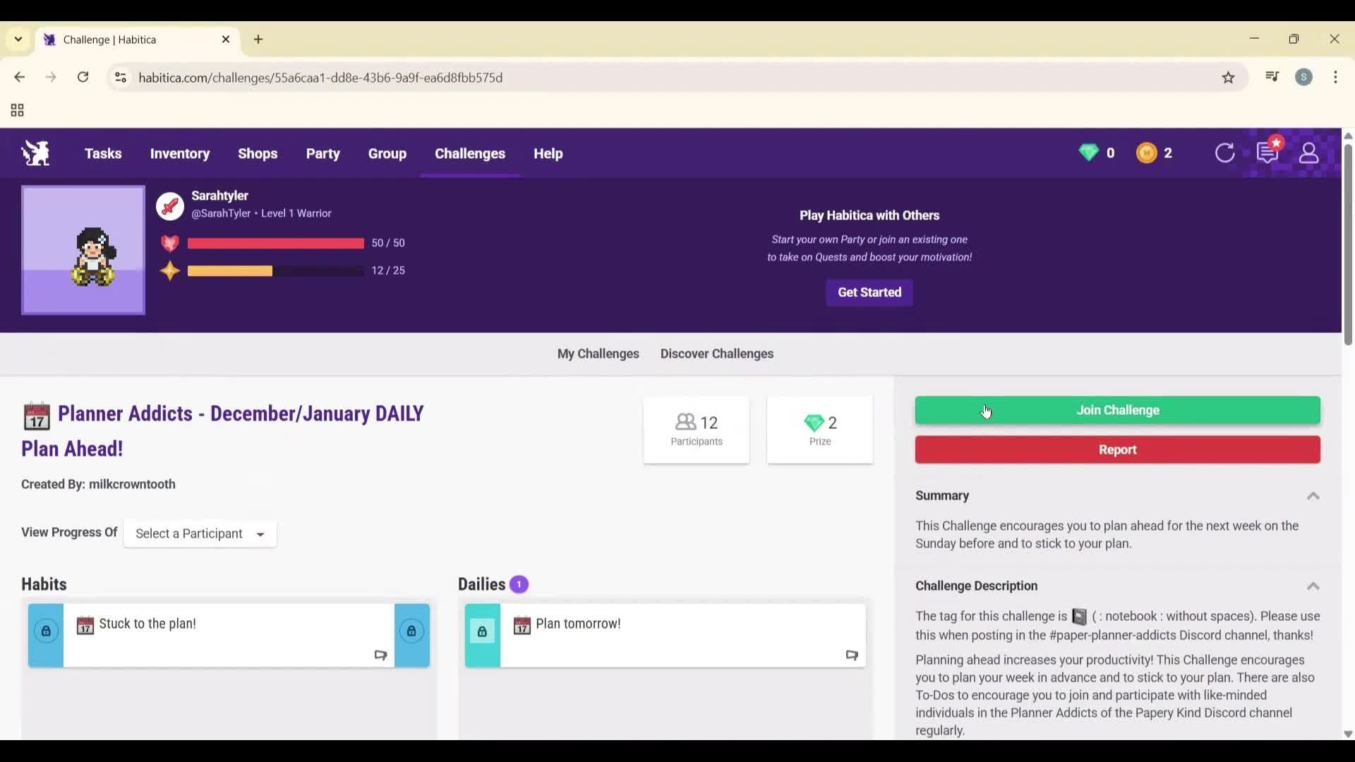 Joining a challenge screenshot