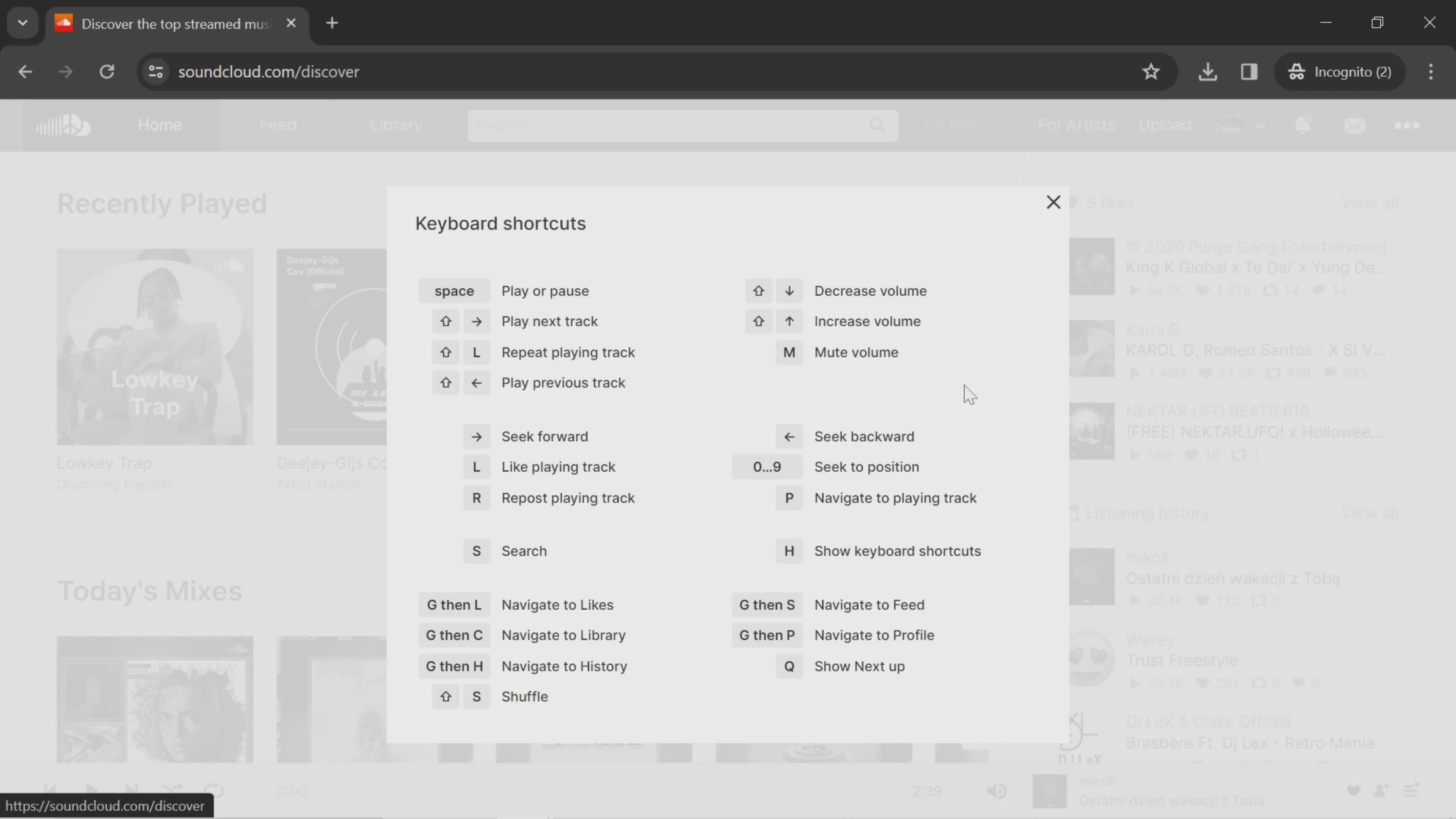 Keyboard shortcuts on SoundCloud video thumbnail