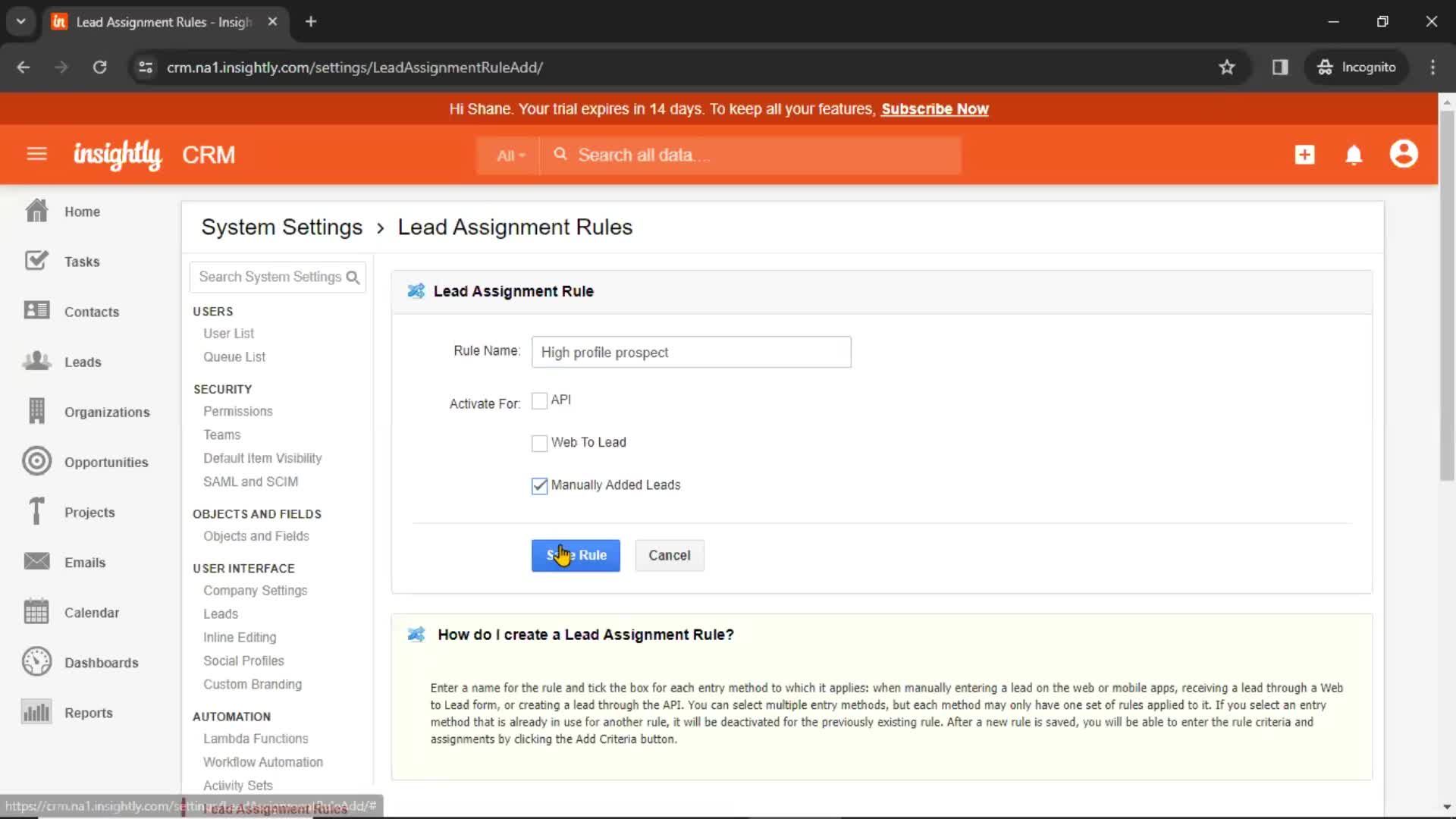 Lead assignment rules screenshot