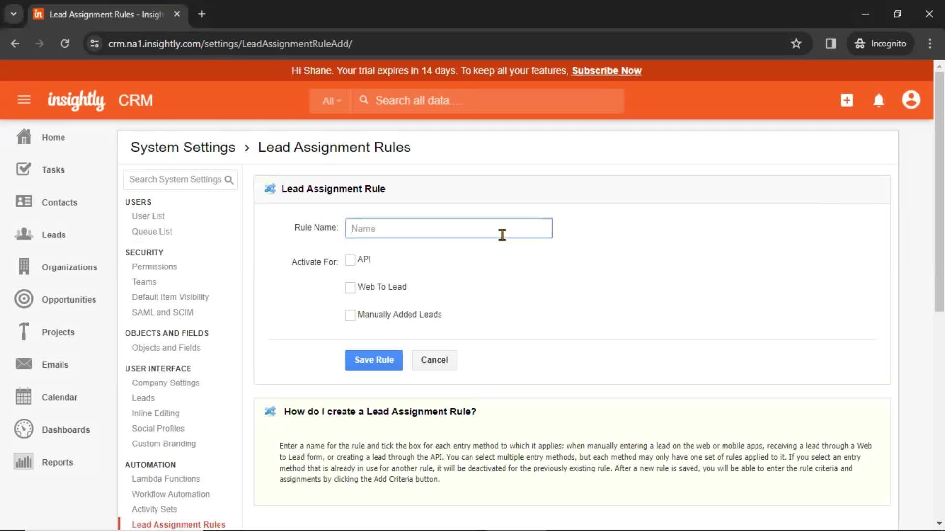 Lead assignment rules screenshot