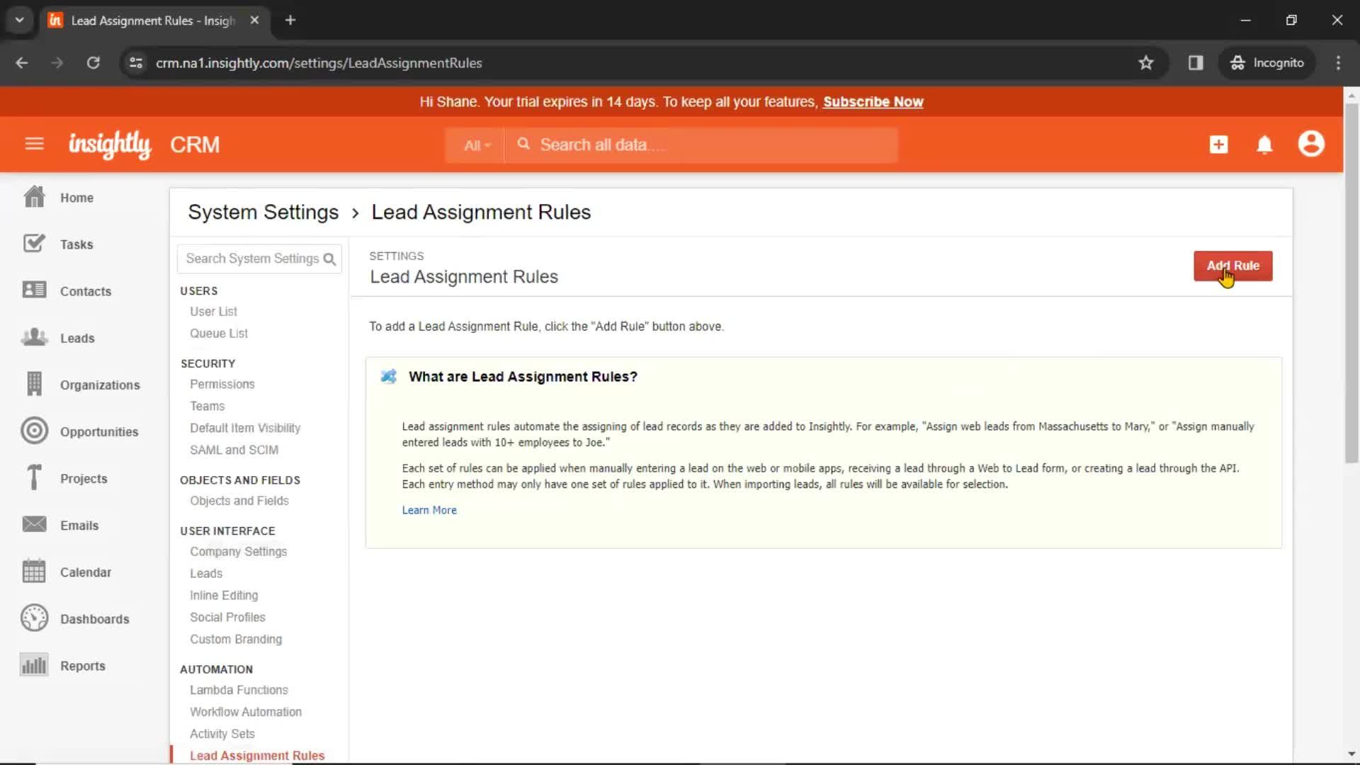 Lead assignment rules screenshot