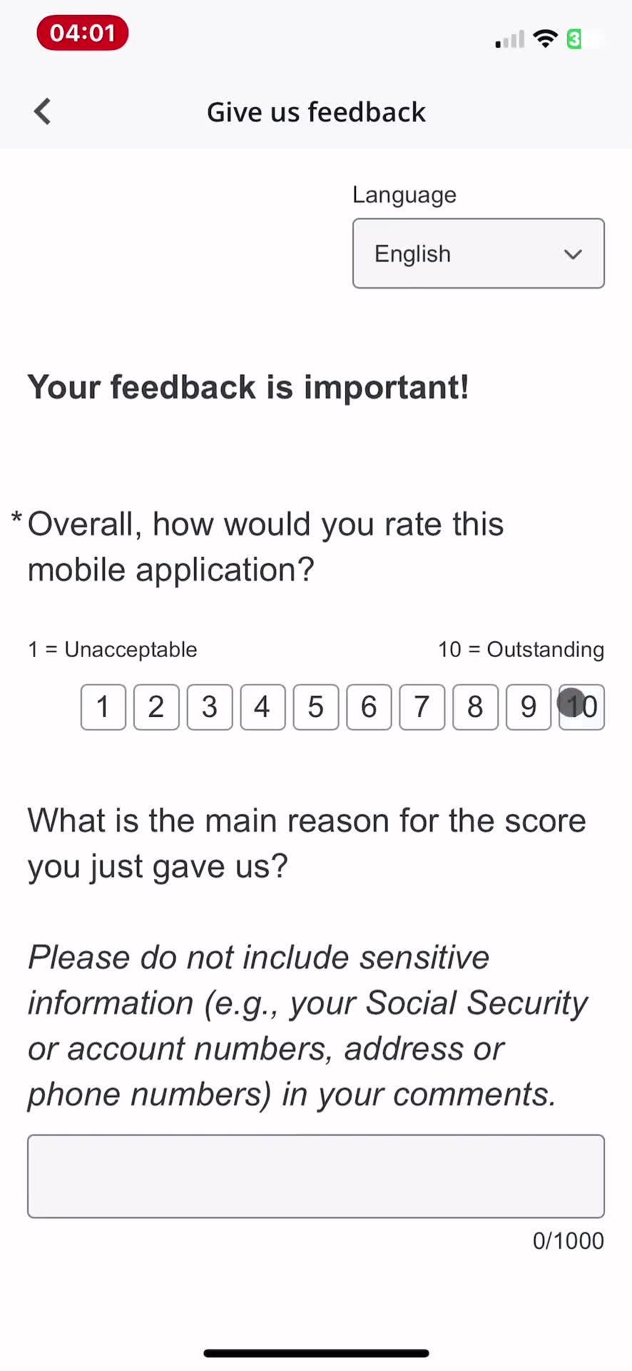 Giving feedback screenshot