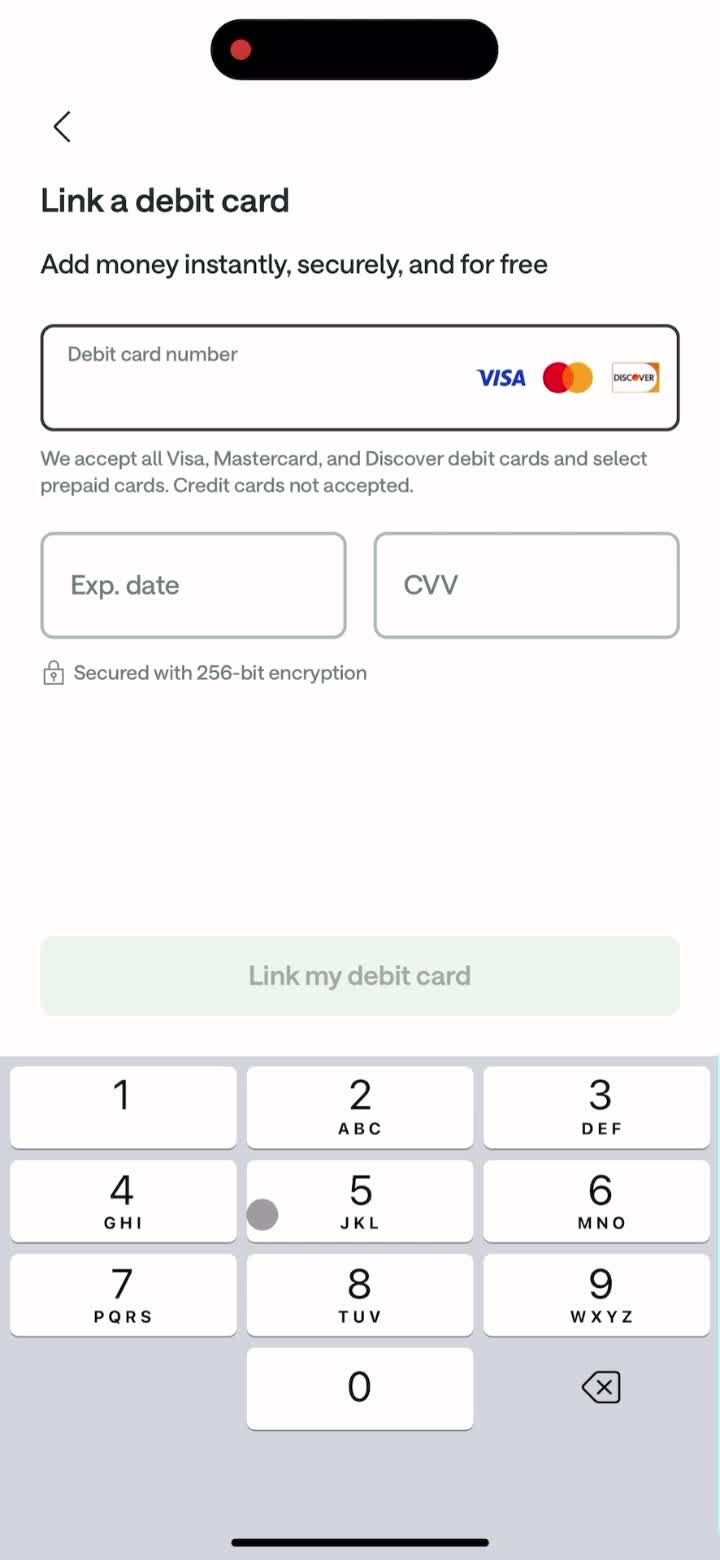 Linking a debit card screenshot