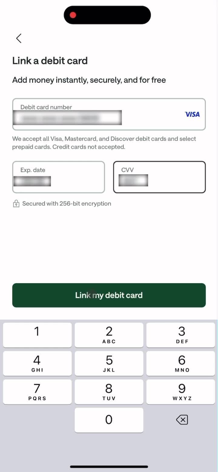 Linking a debit card screenshot