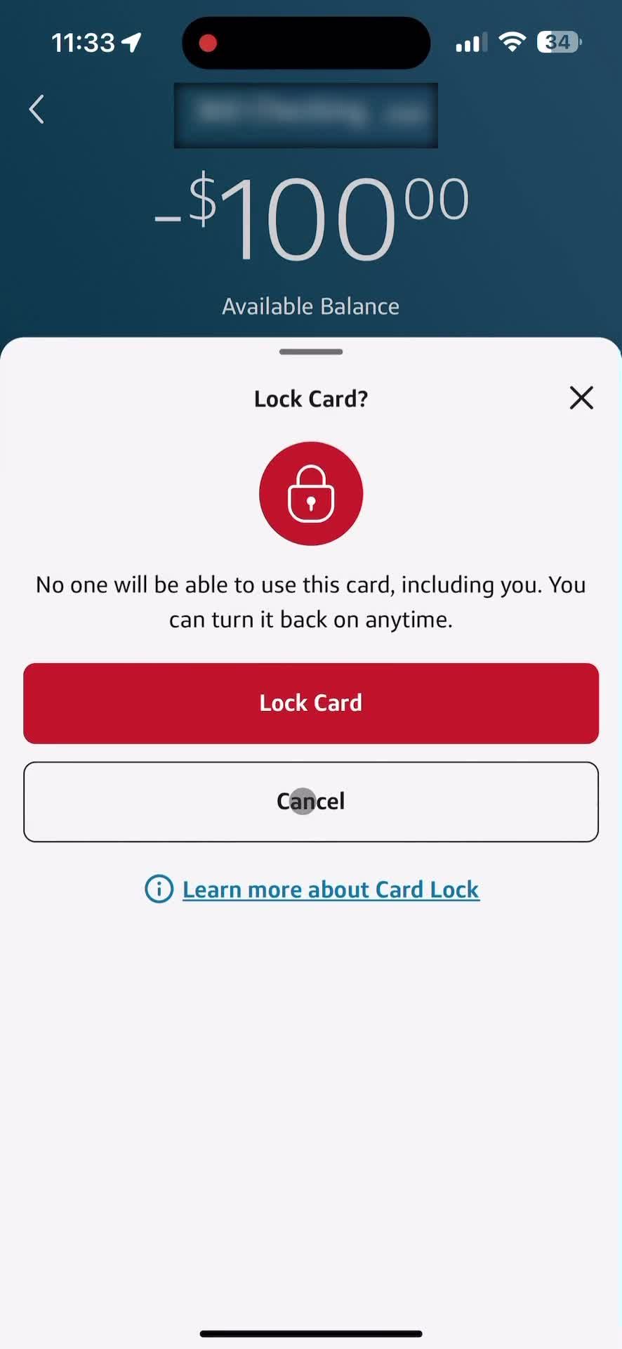 Locking a card screenshot