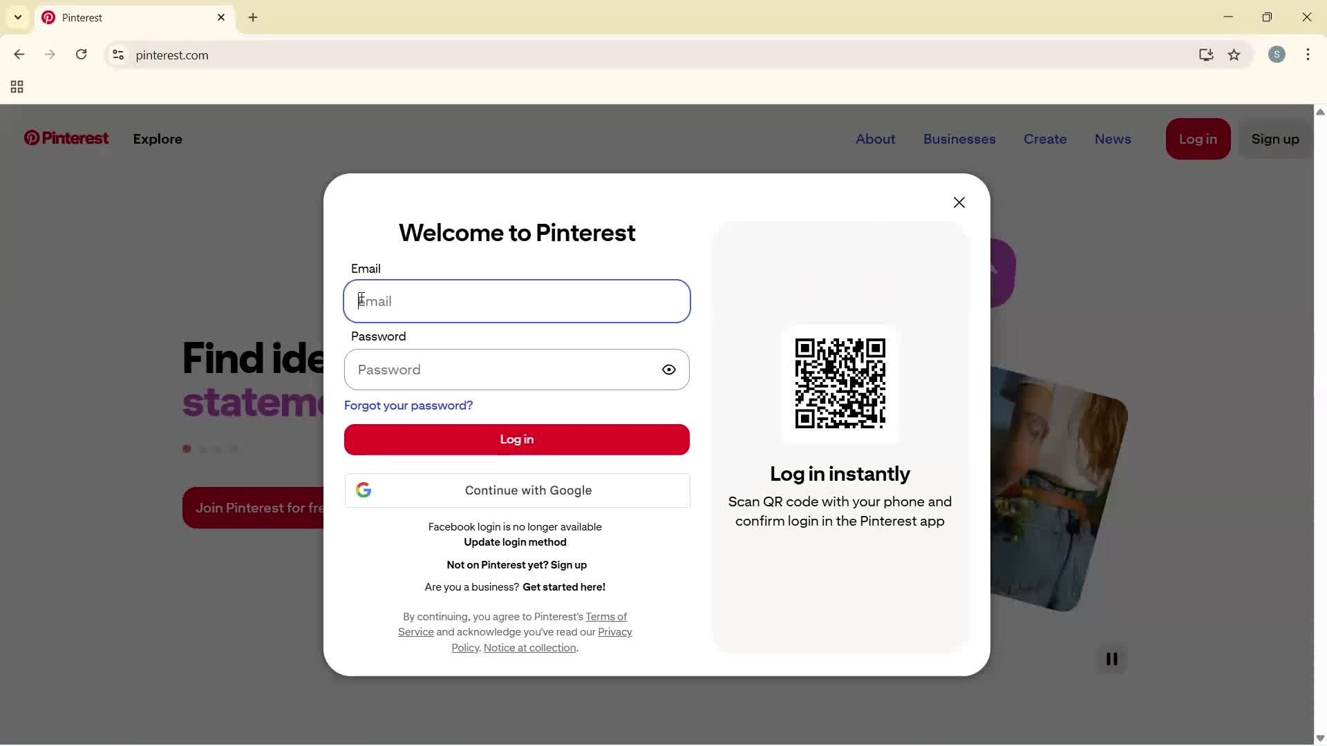 Logging in screenshot