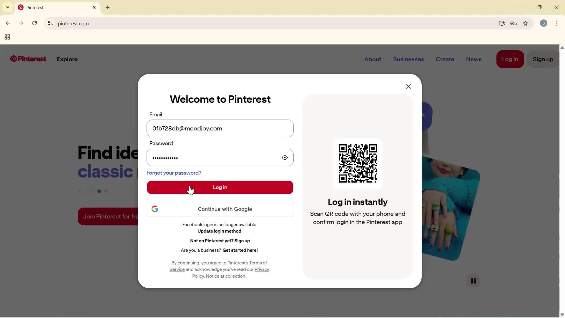 Logging in screenshot