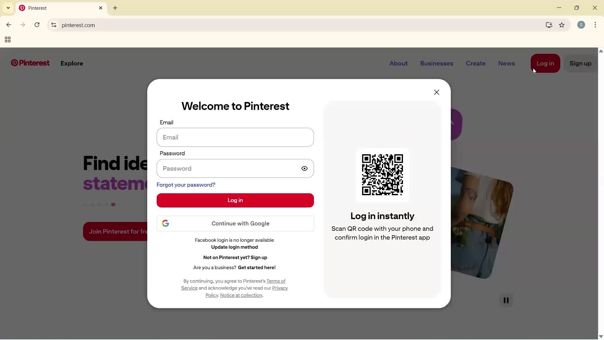 Logging in screenshot