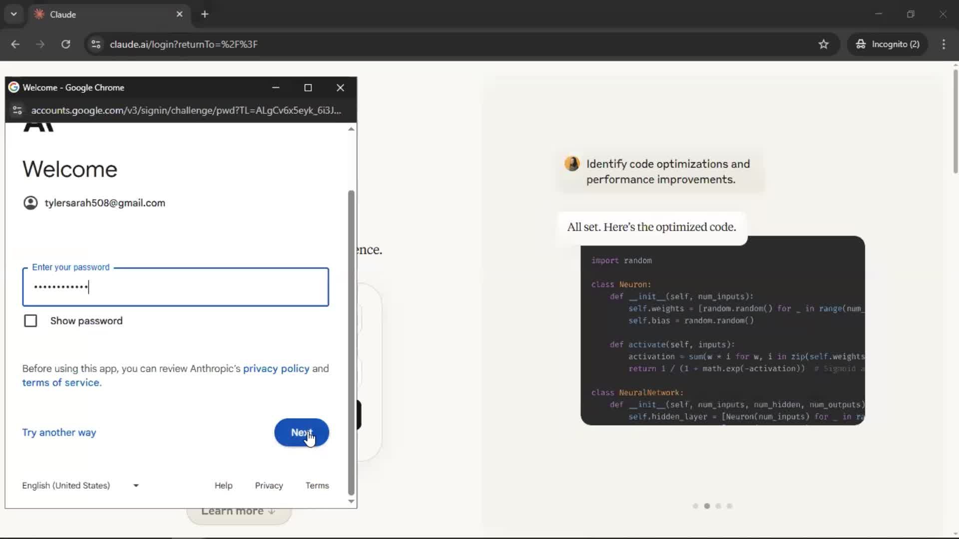 Logging in screenshot