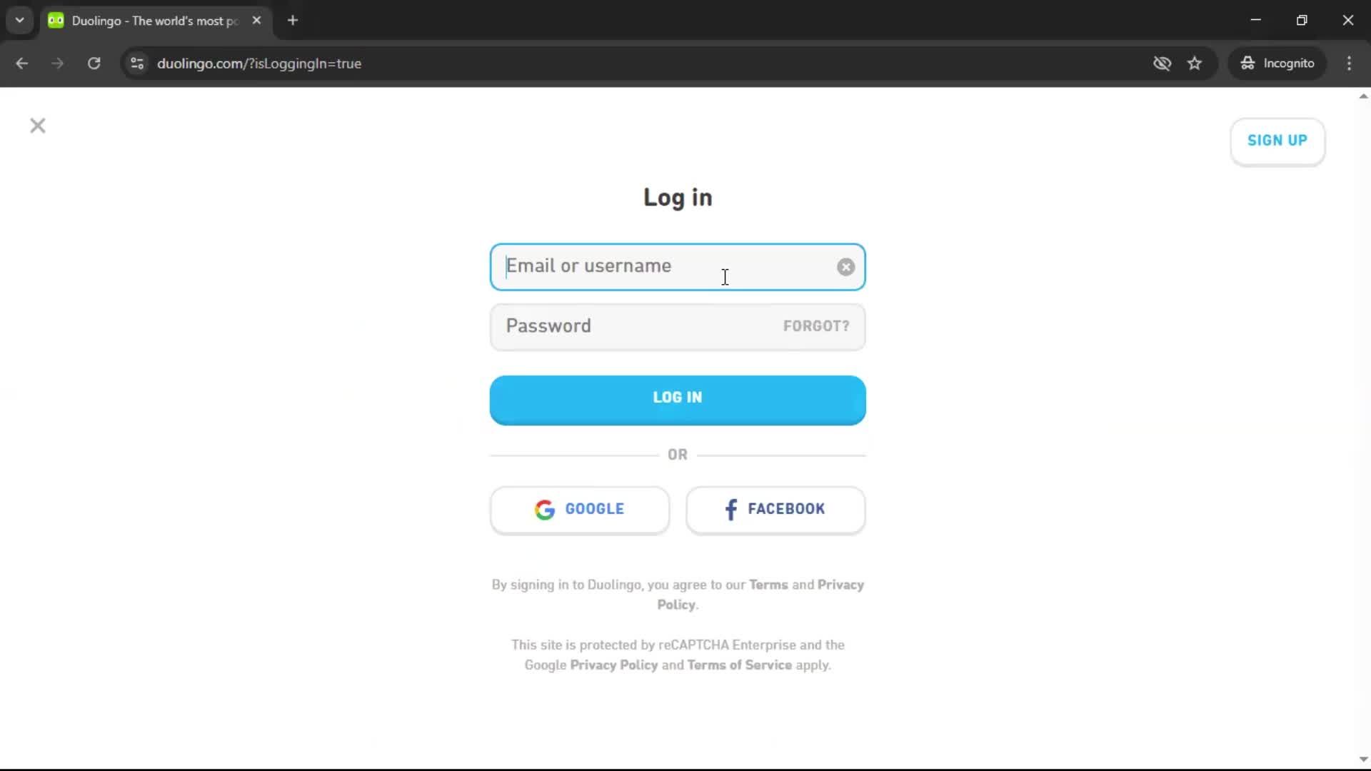 Logging in screenshot
