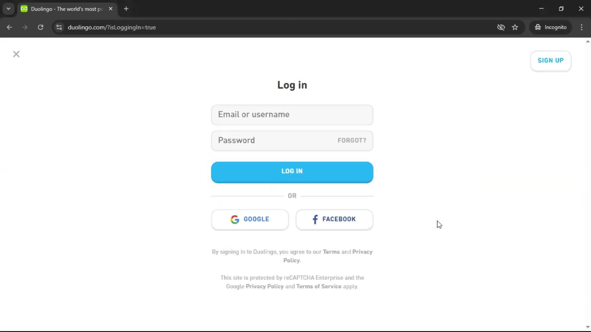 Logging in screenshot