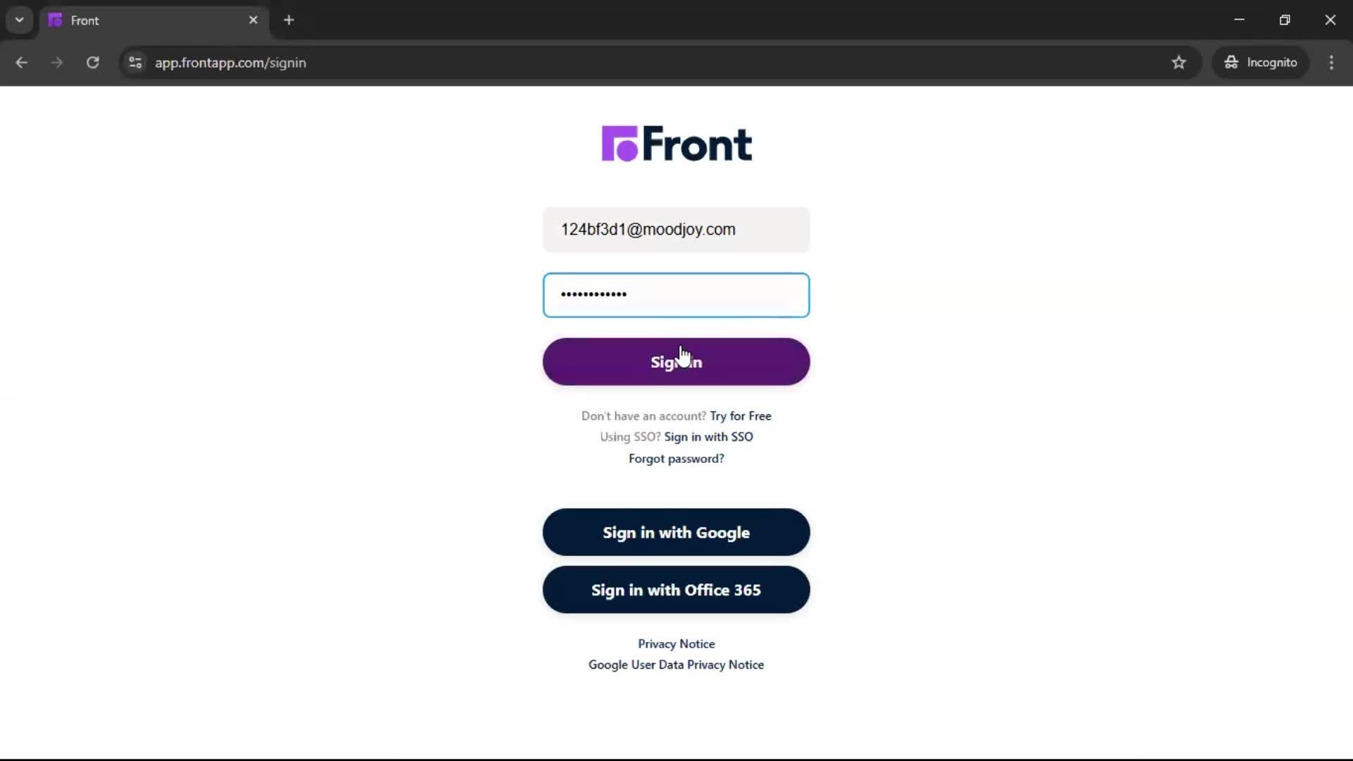 Logging in screenshot