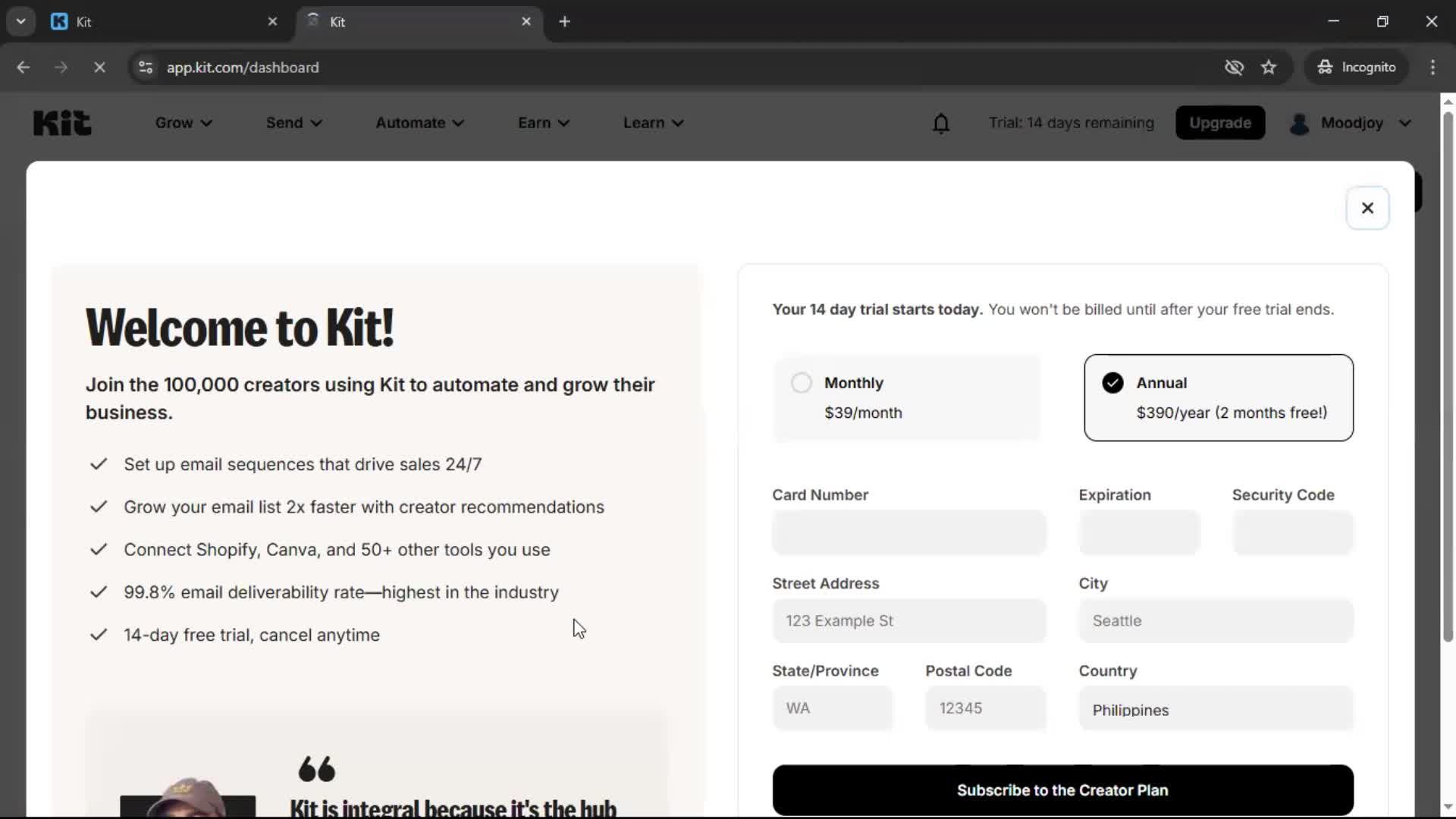 Logging in screenshot