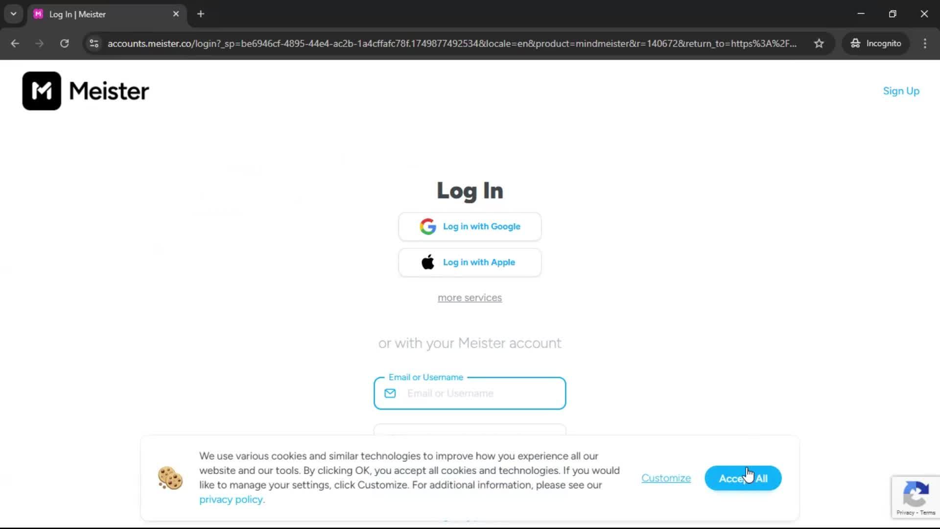 Logging in screenshot