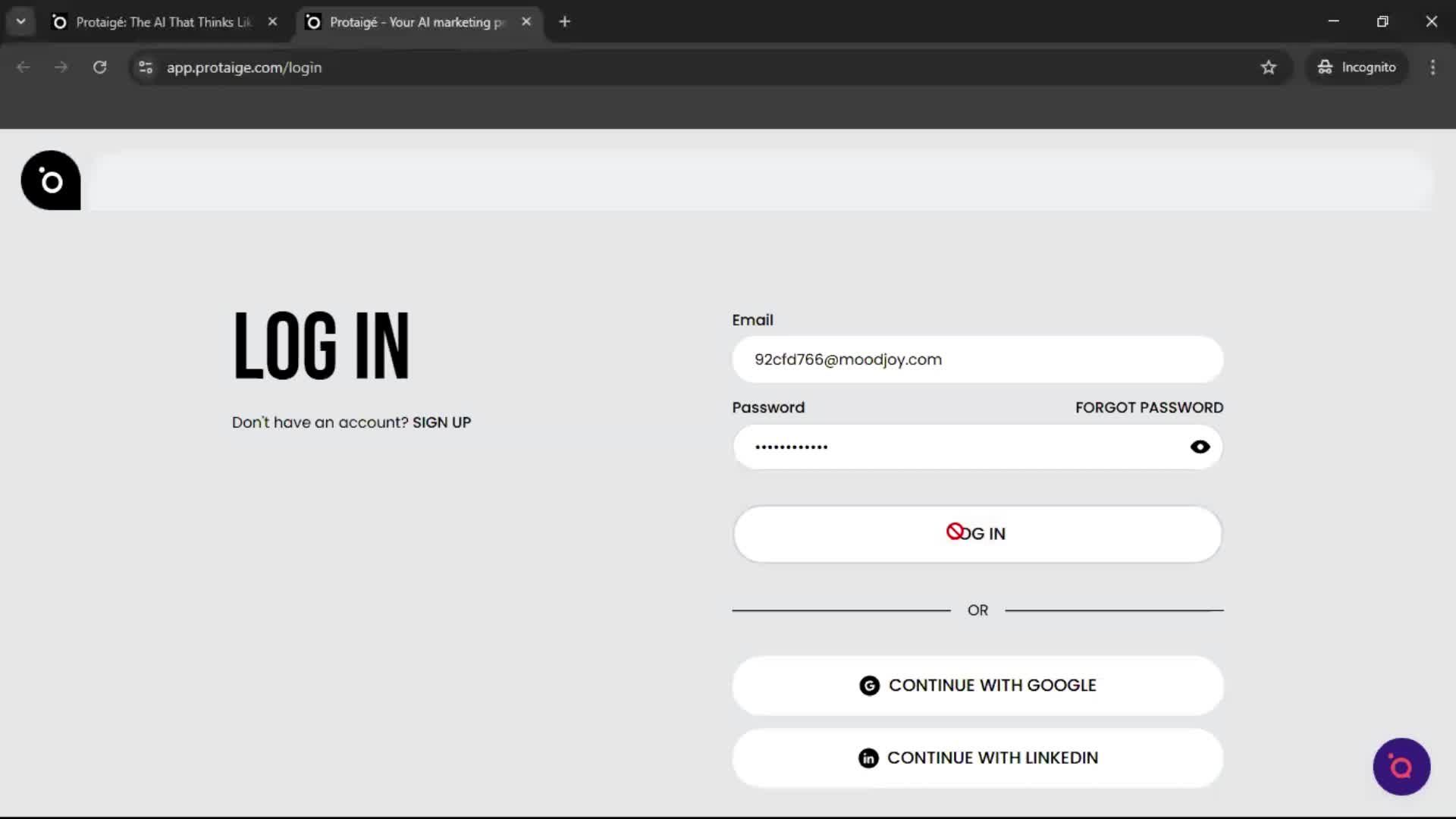 Logging in screenshot