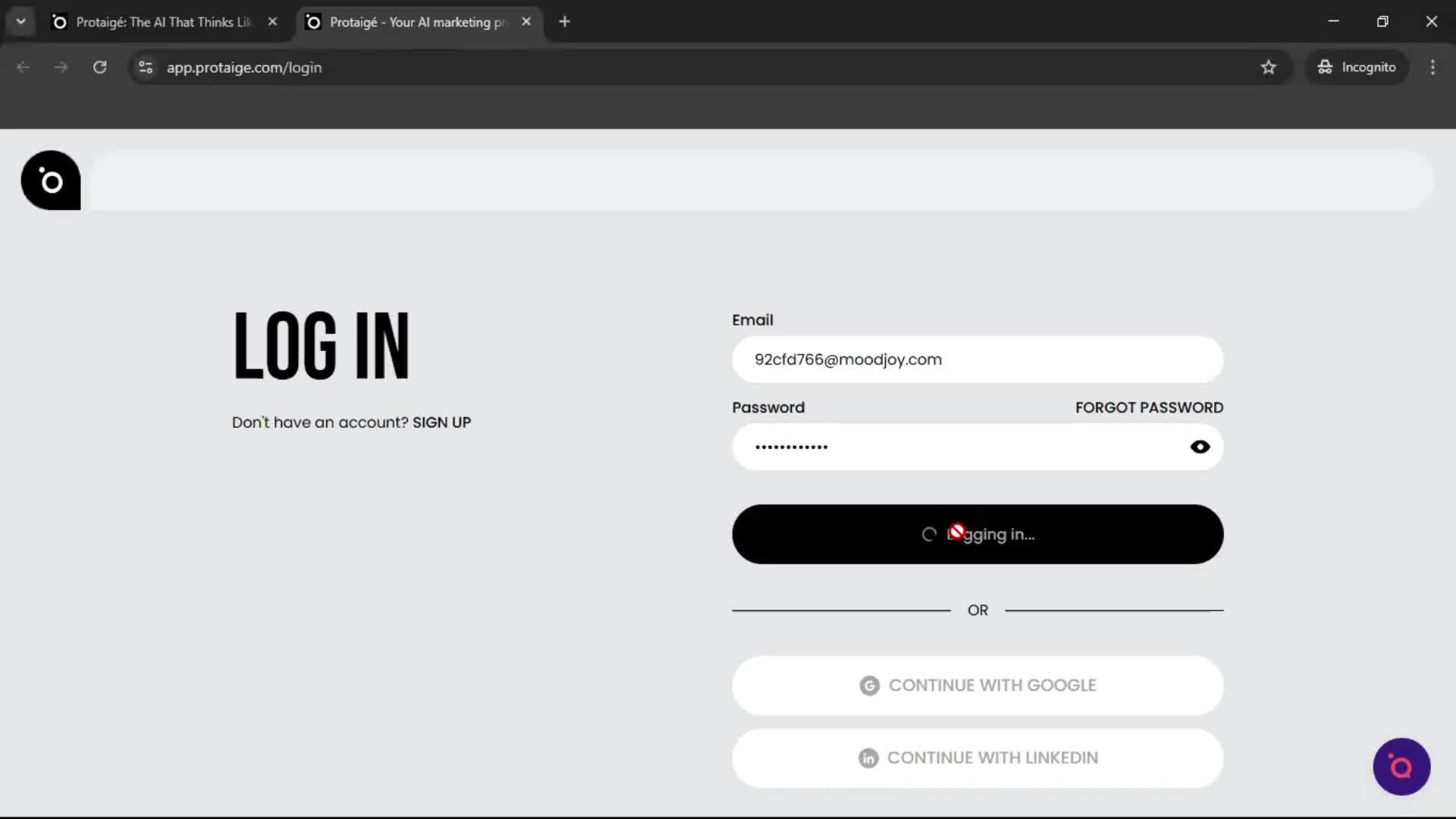 Logging in screenshot
