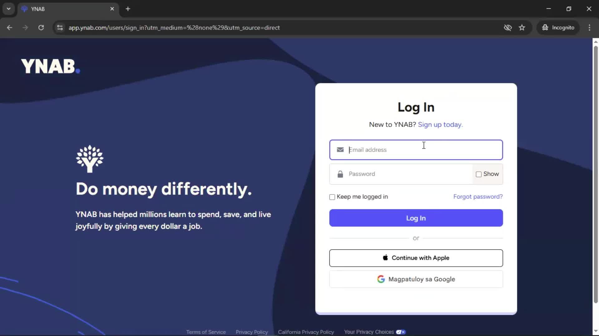 Logging in screenshot