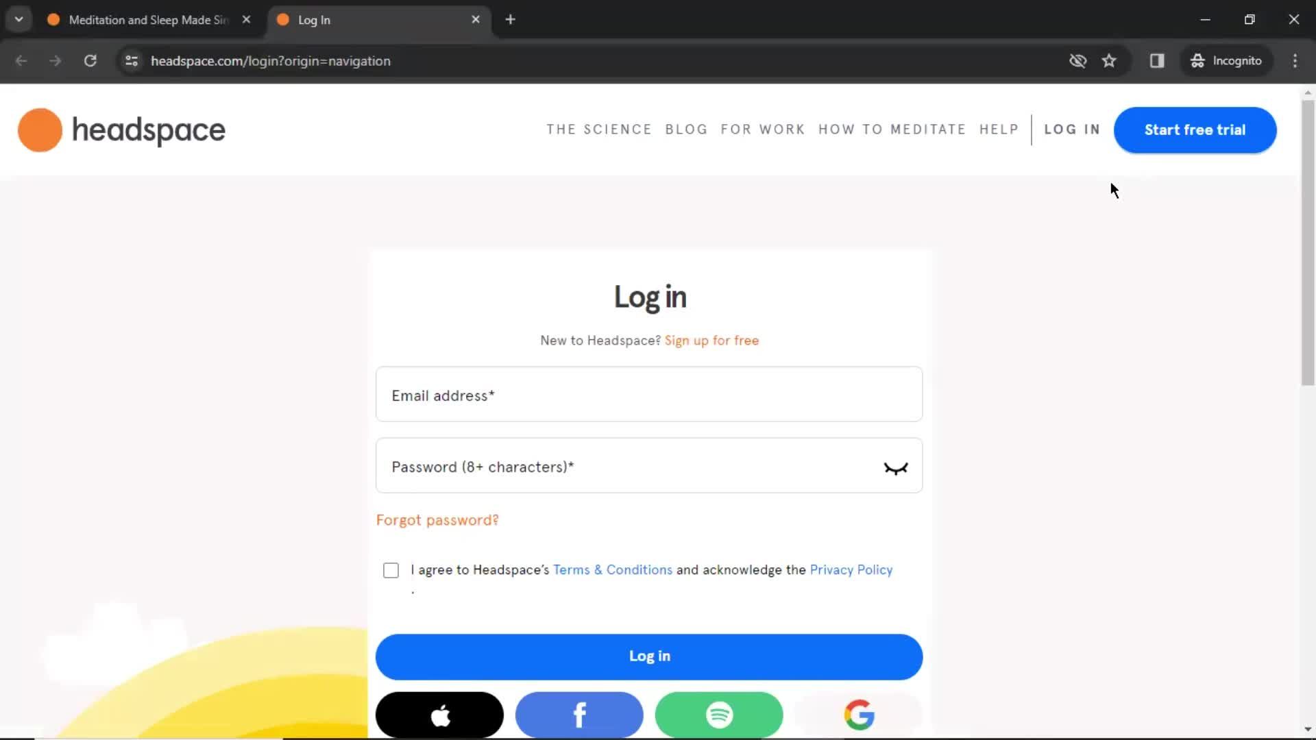 Logging in screenshot