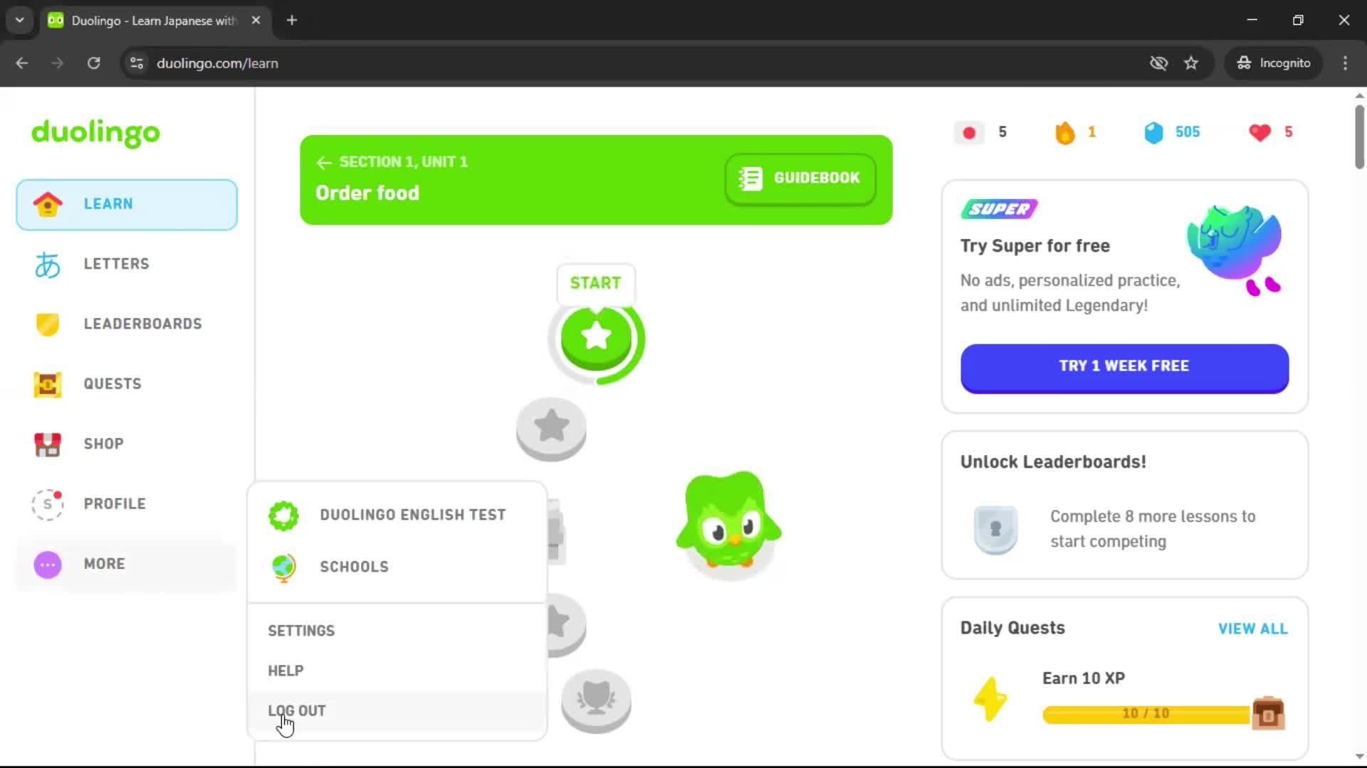 Logging out screenshot