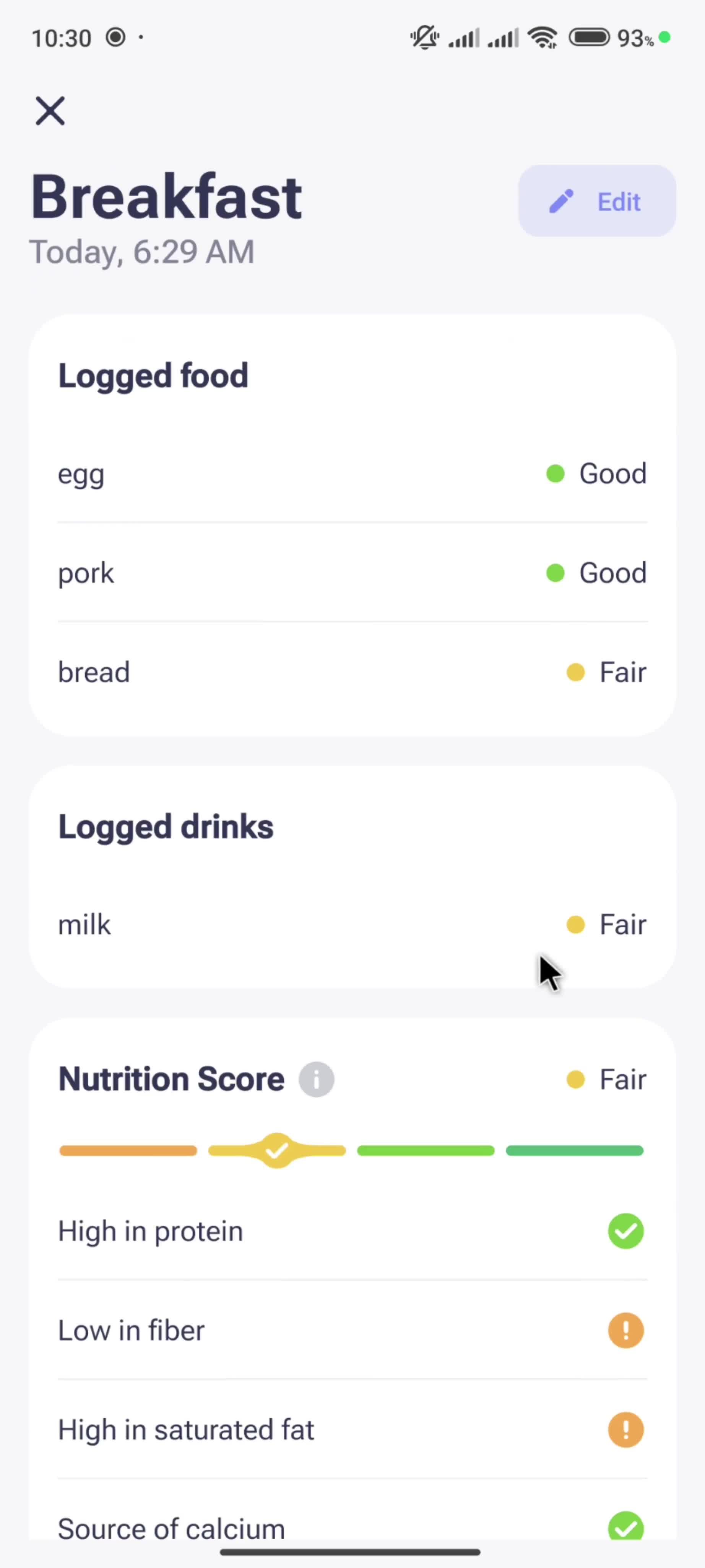 Logging your food screenshot