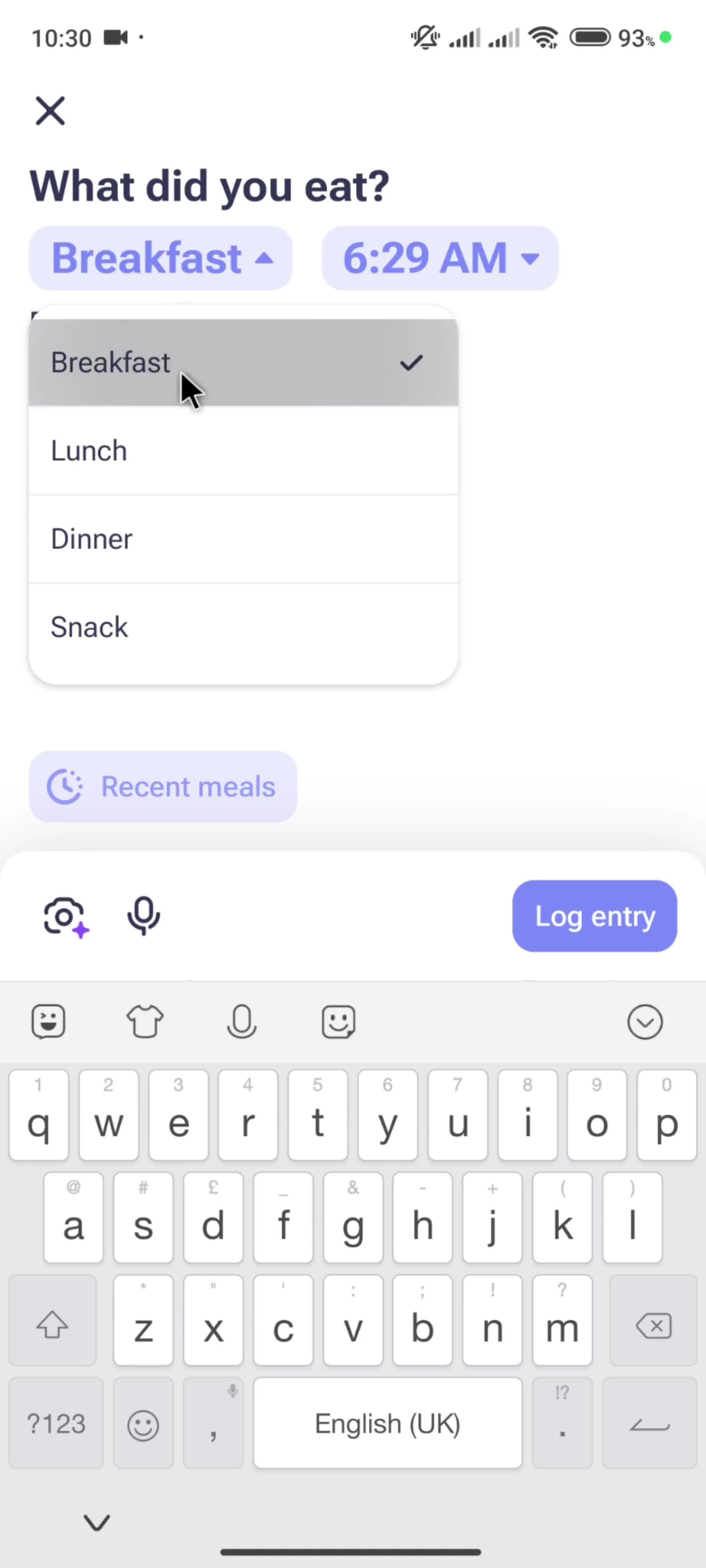 Logging your food screenshot