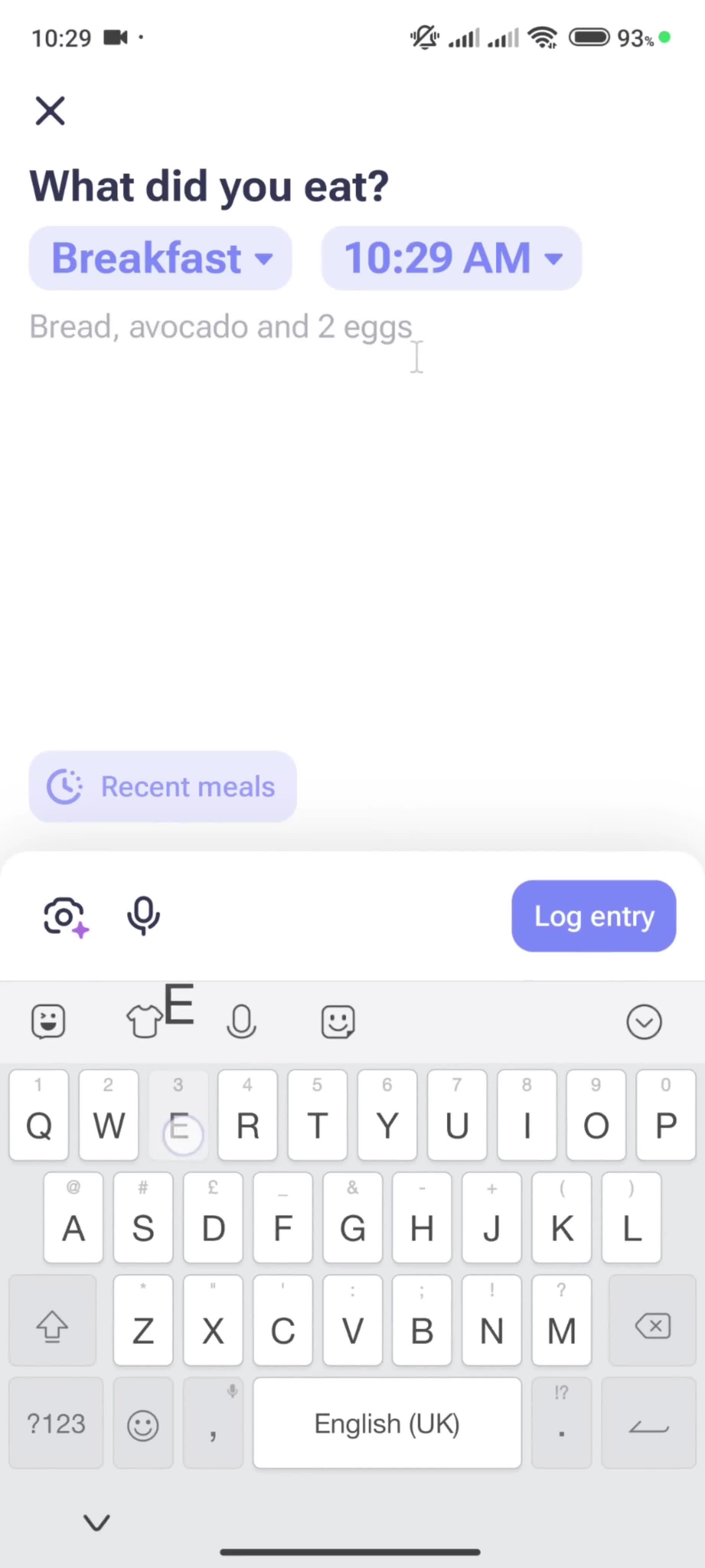 Logging your food screenshot