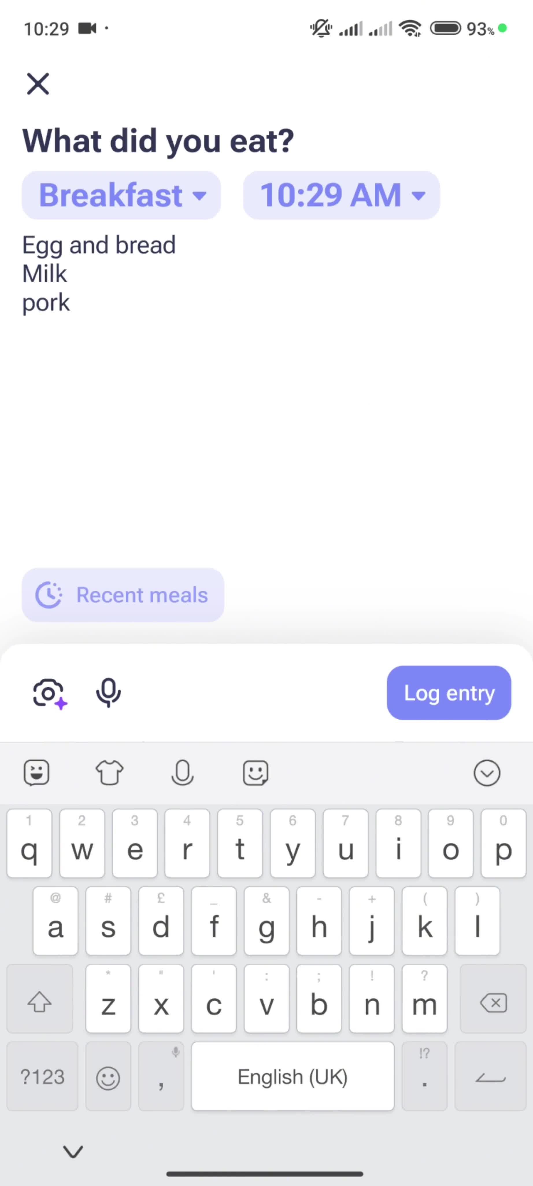 Logging your food screenshot