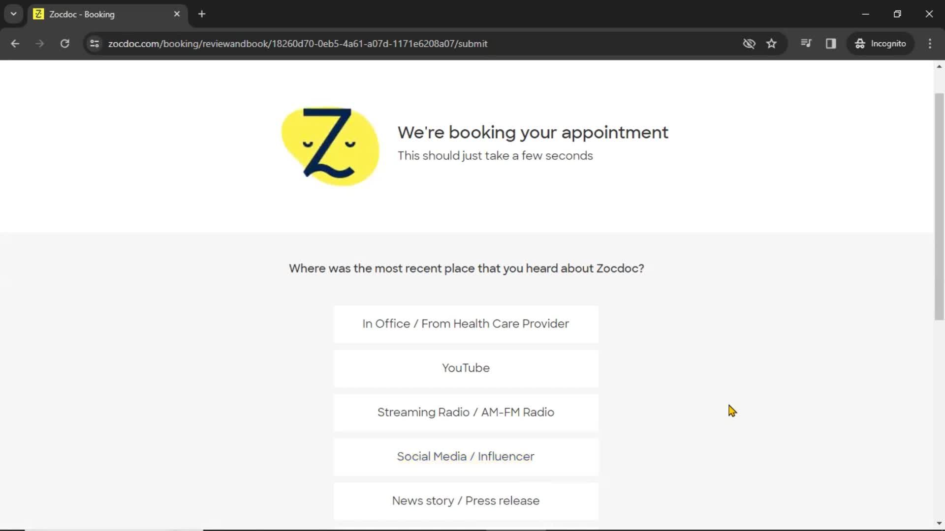 Booking an appointment screenshot