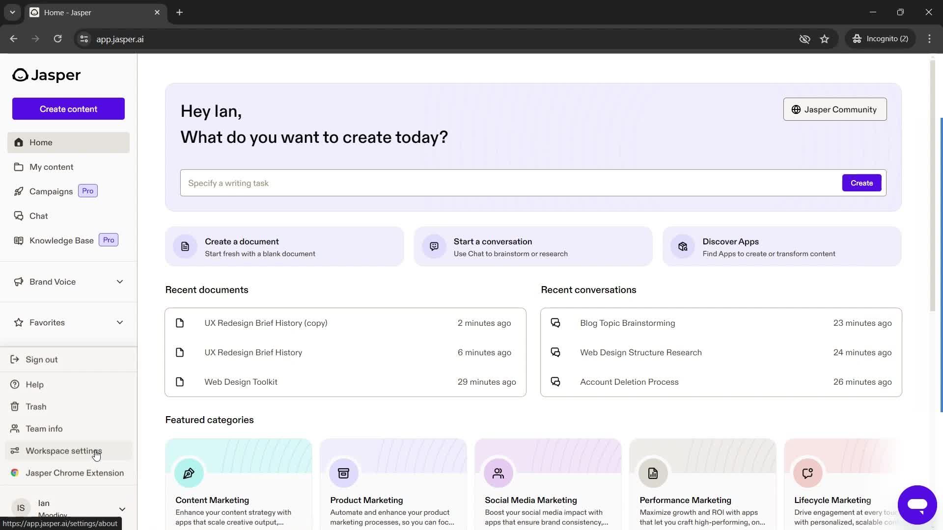 Workspace settings screenshot