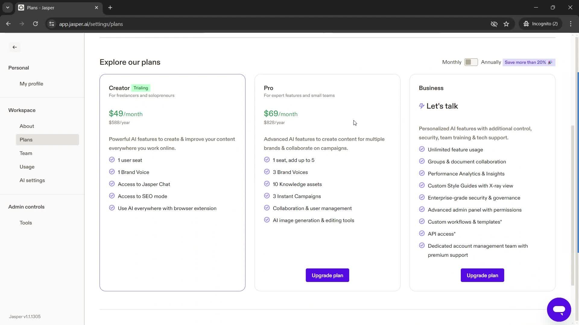 Workspace settings screenshot