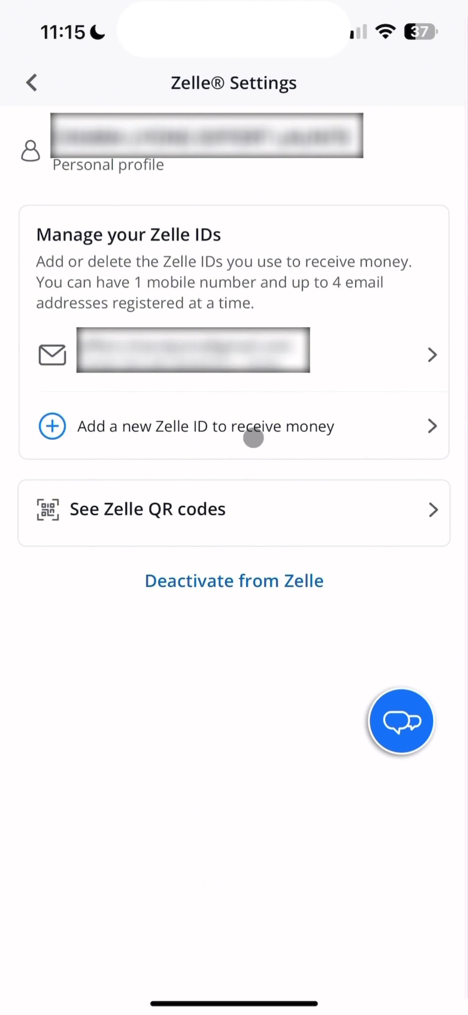 Zelle settings screenshot