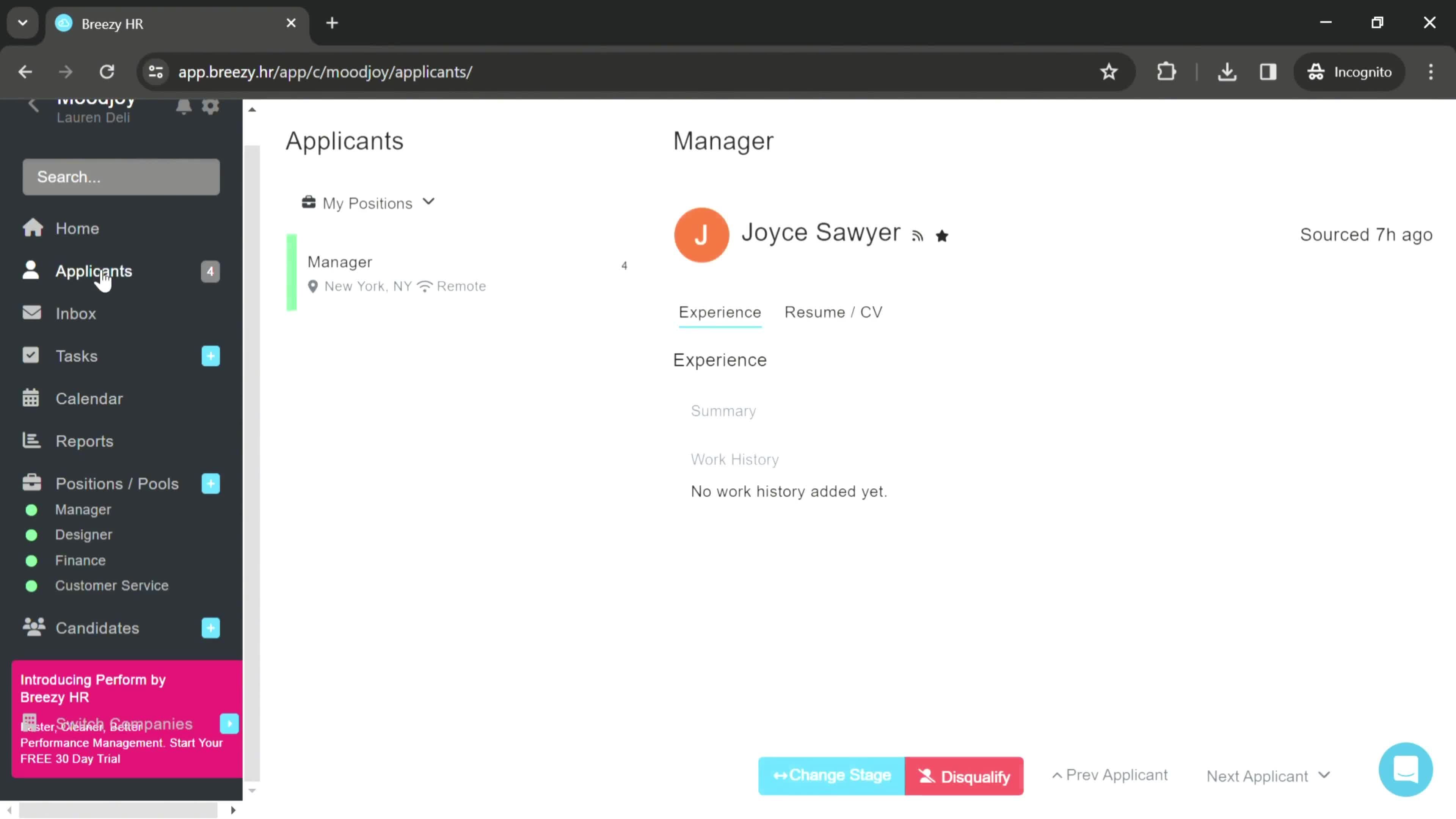 Managing applicants screenshot