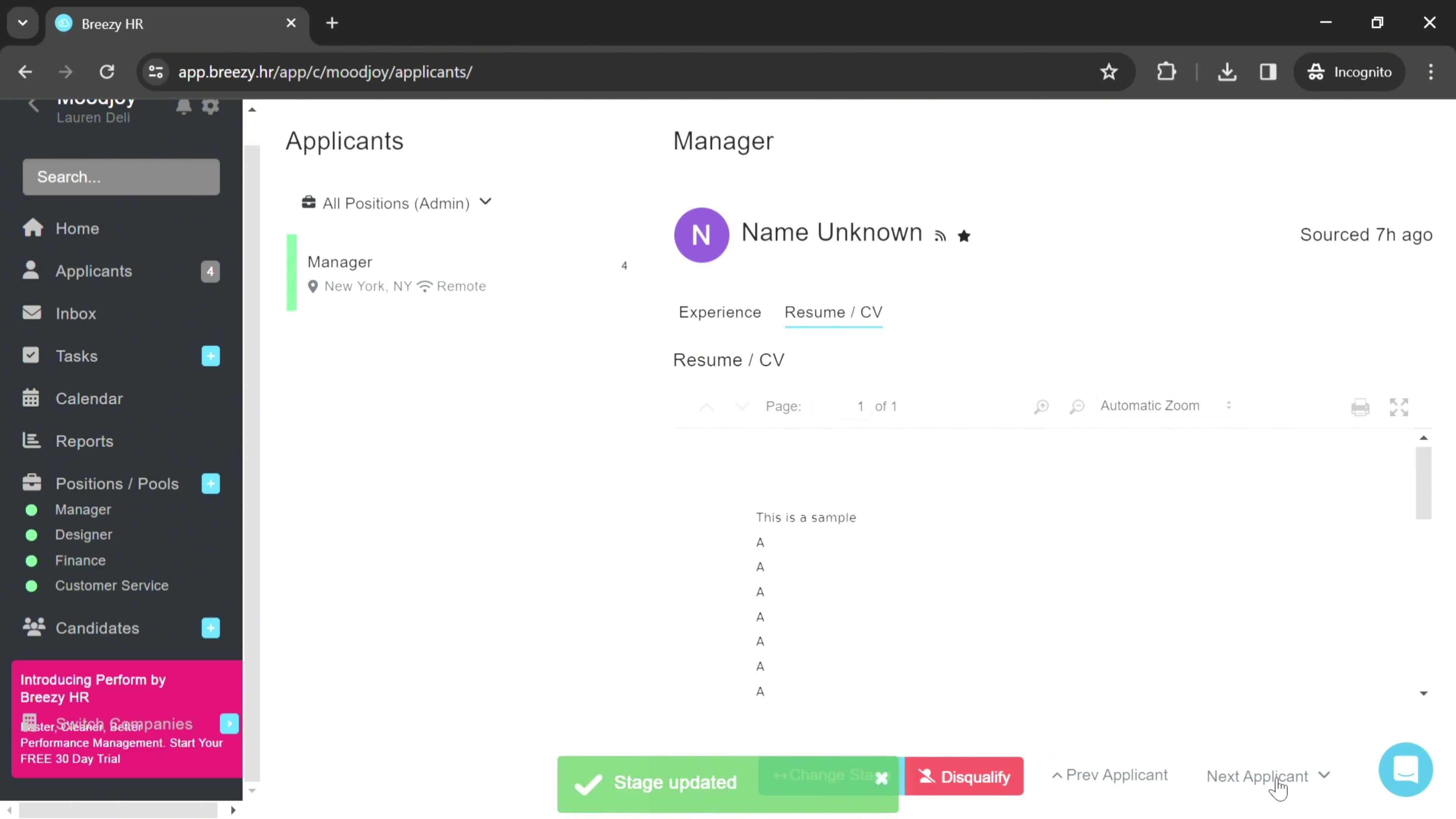 Managing applicants screenshot