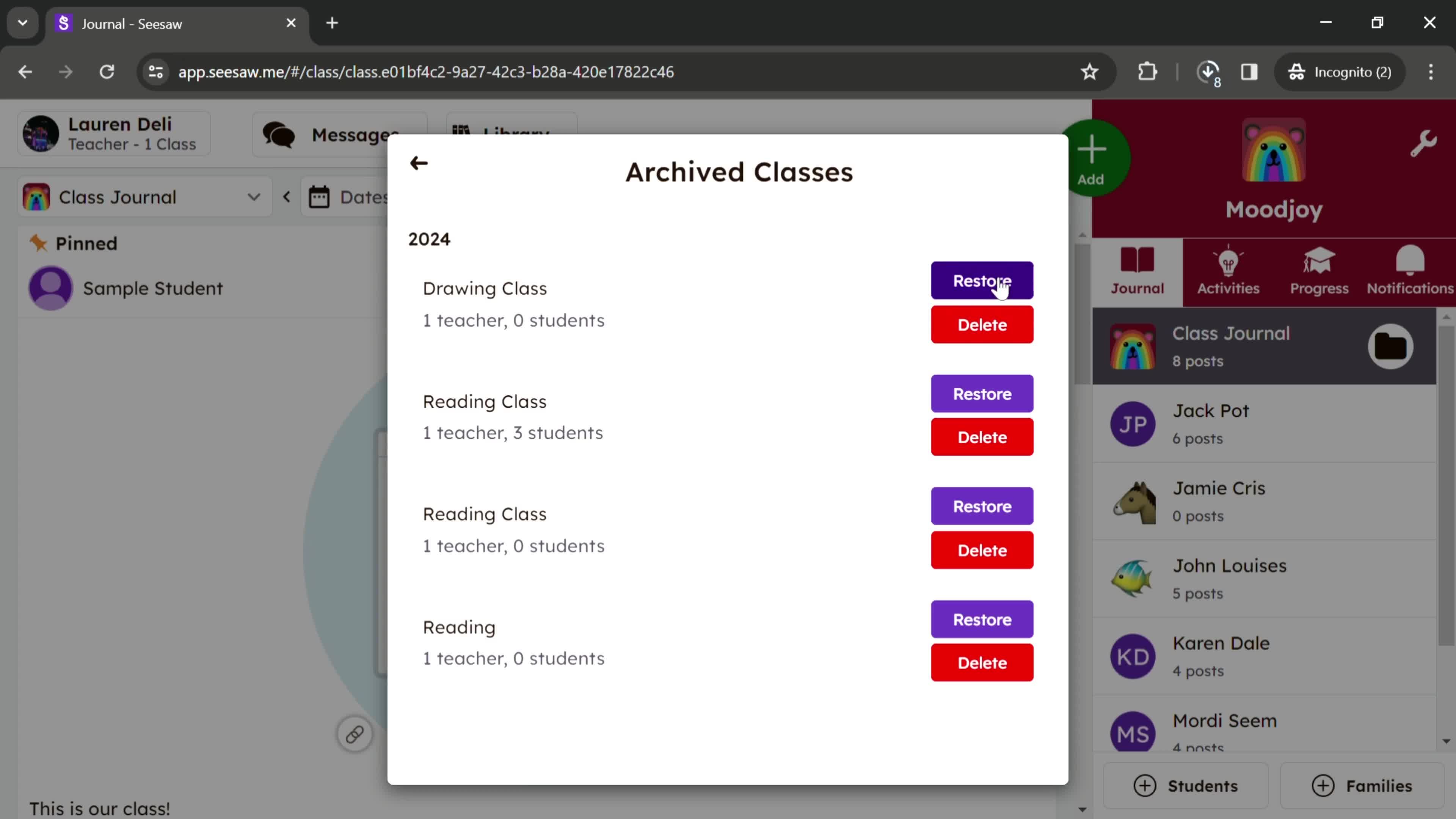 Archiving classes screenshot