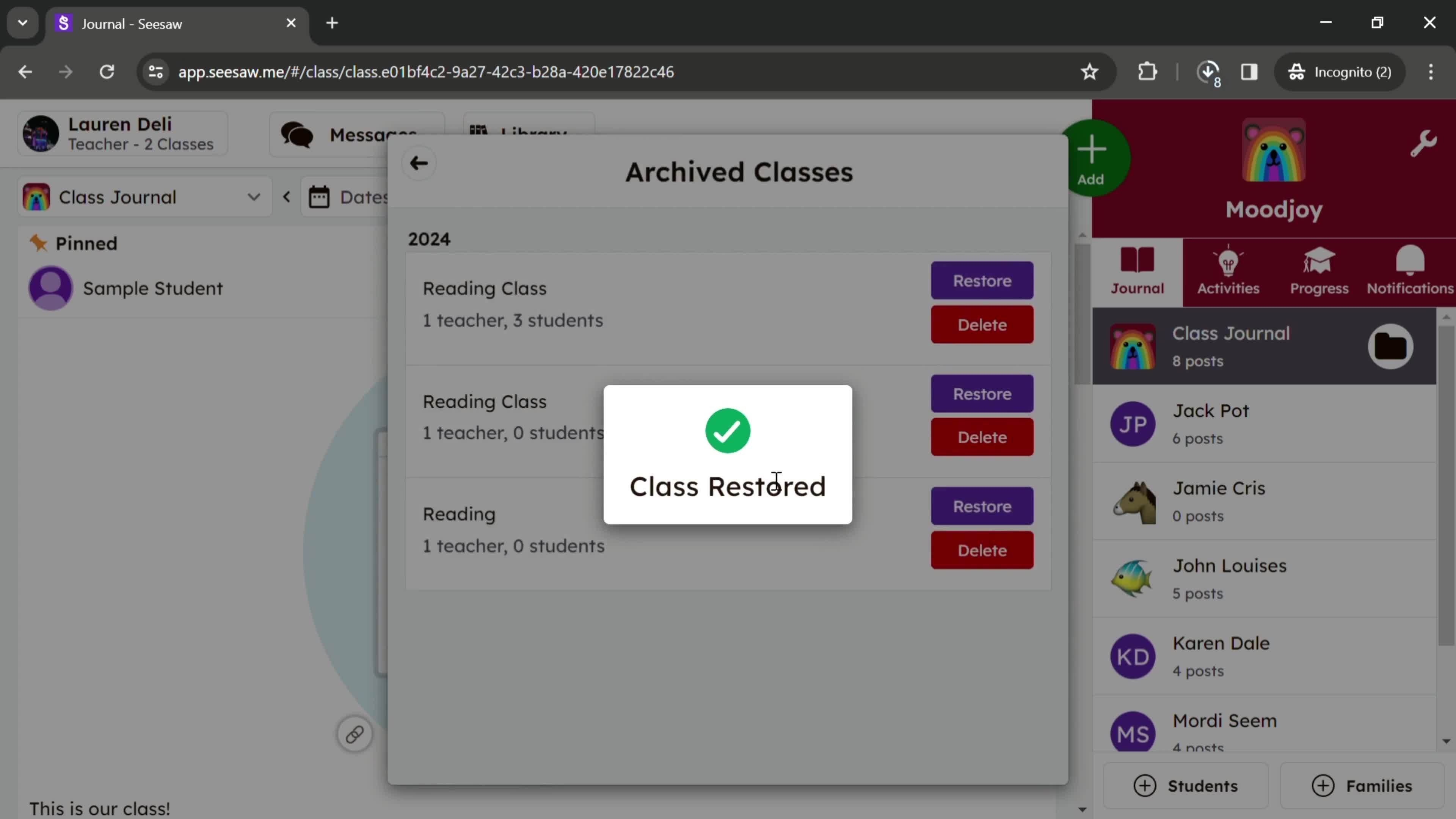 Archiving classes screenshot