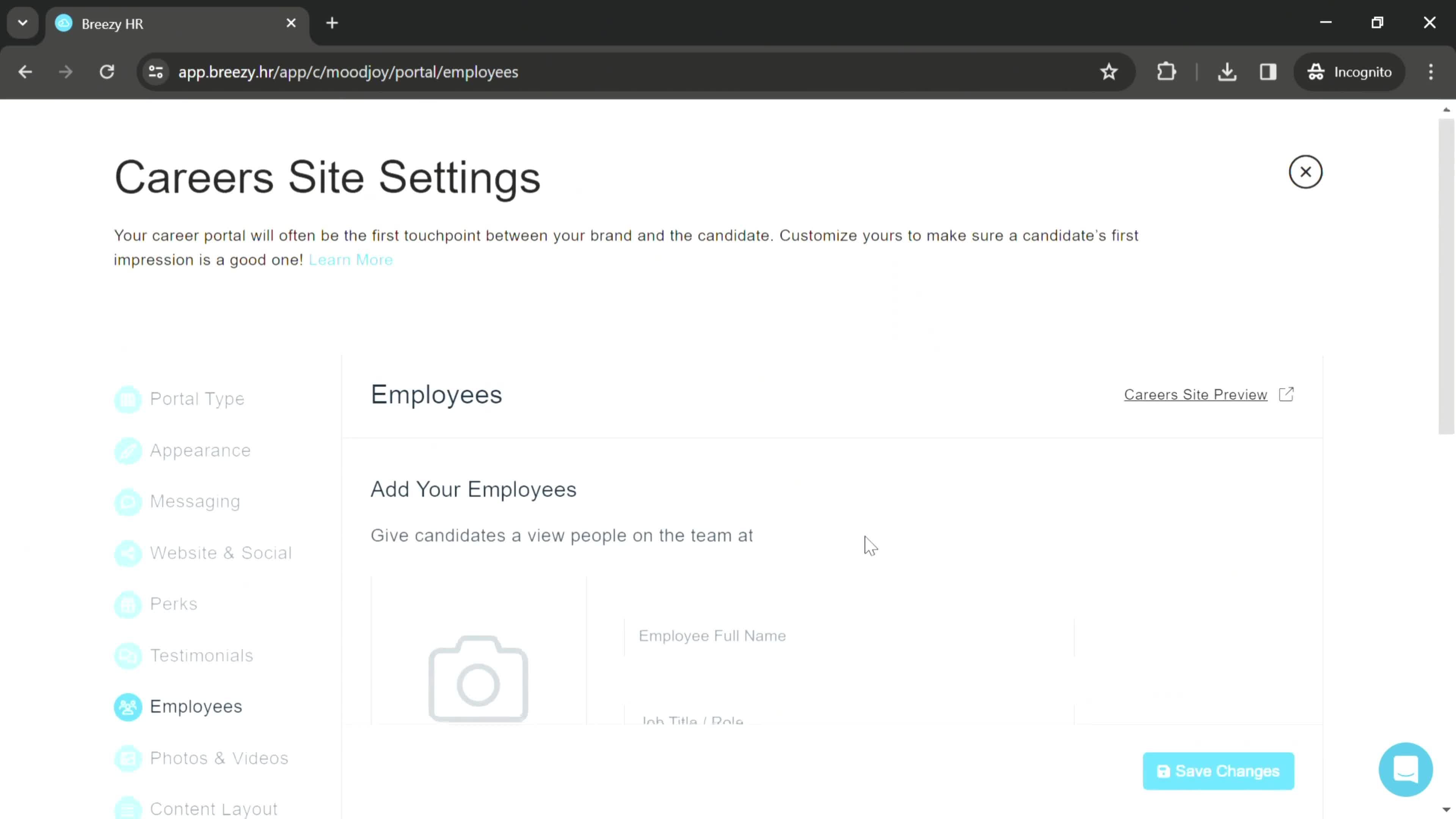 Careers site settings screenshot