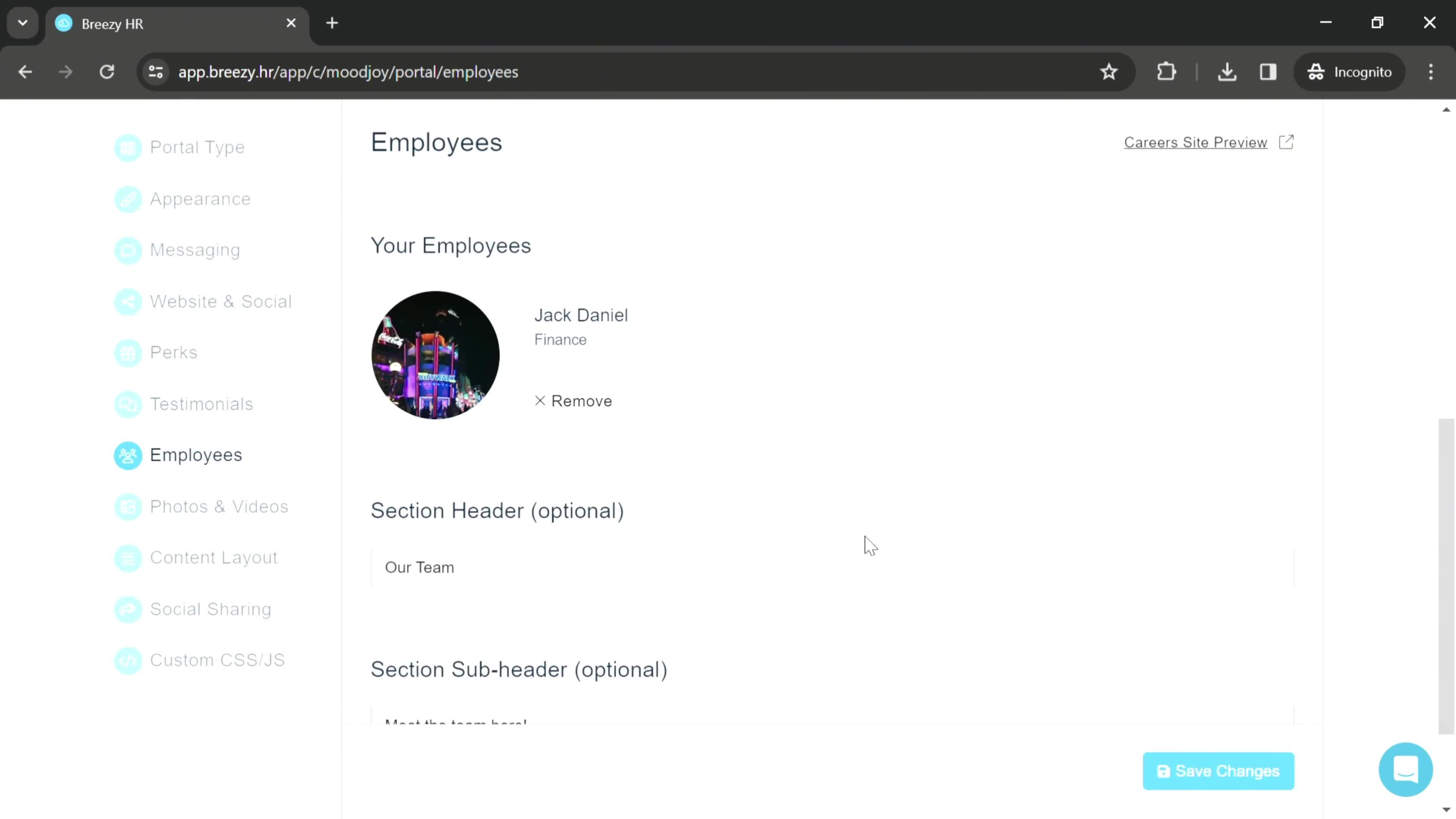 Careers site settings screenshot