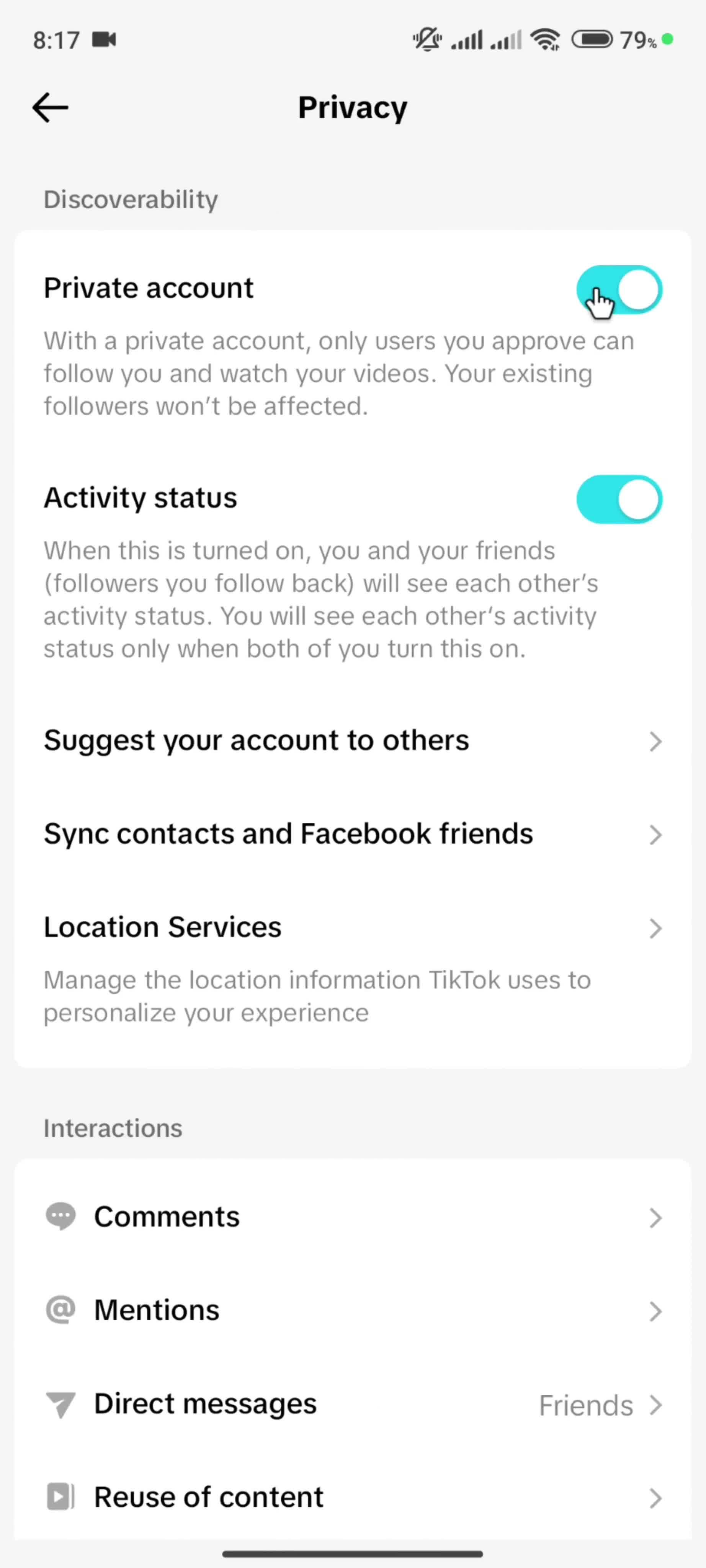 Settings on TikTok video thumbnail