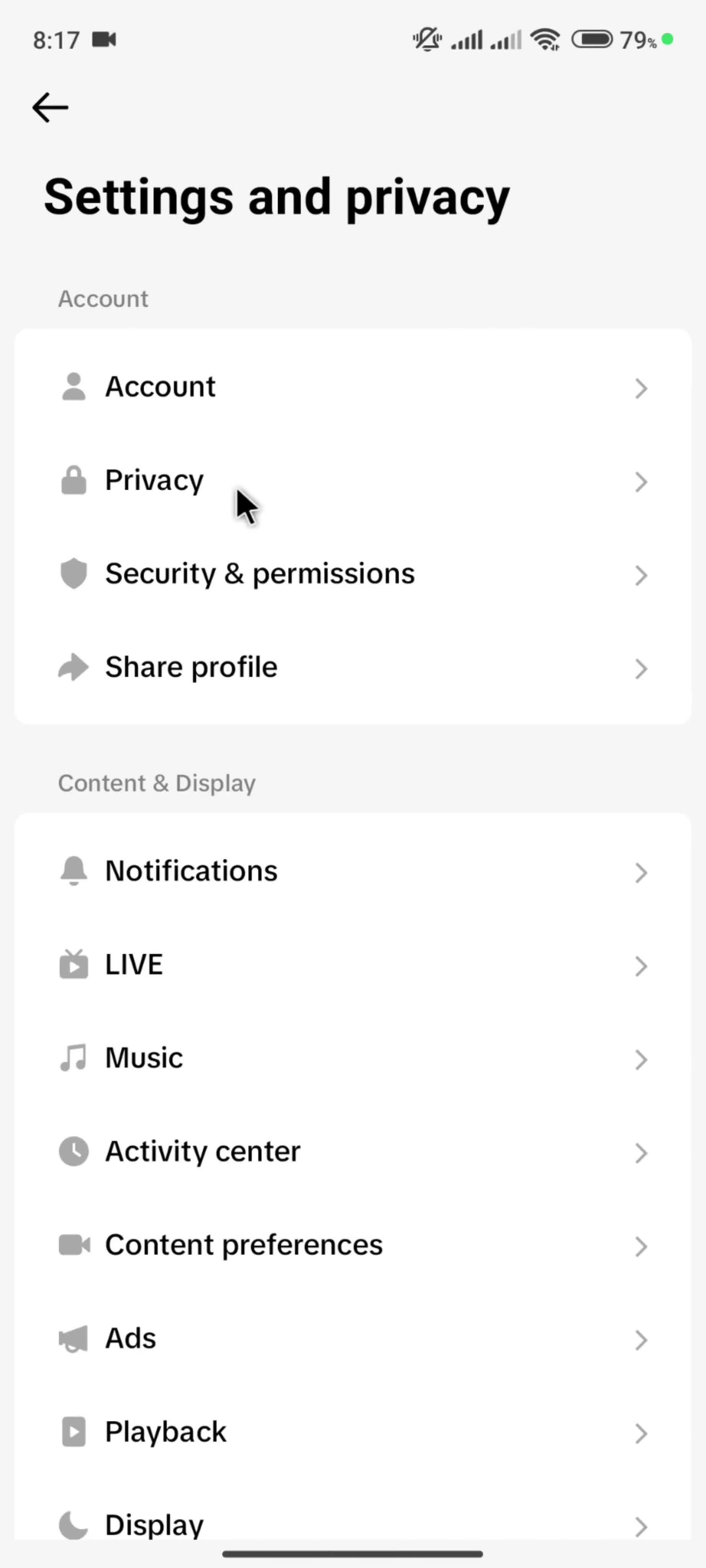 Settings on TikTok video thumbnail